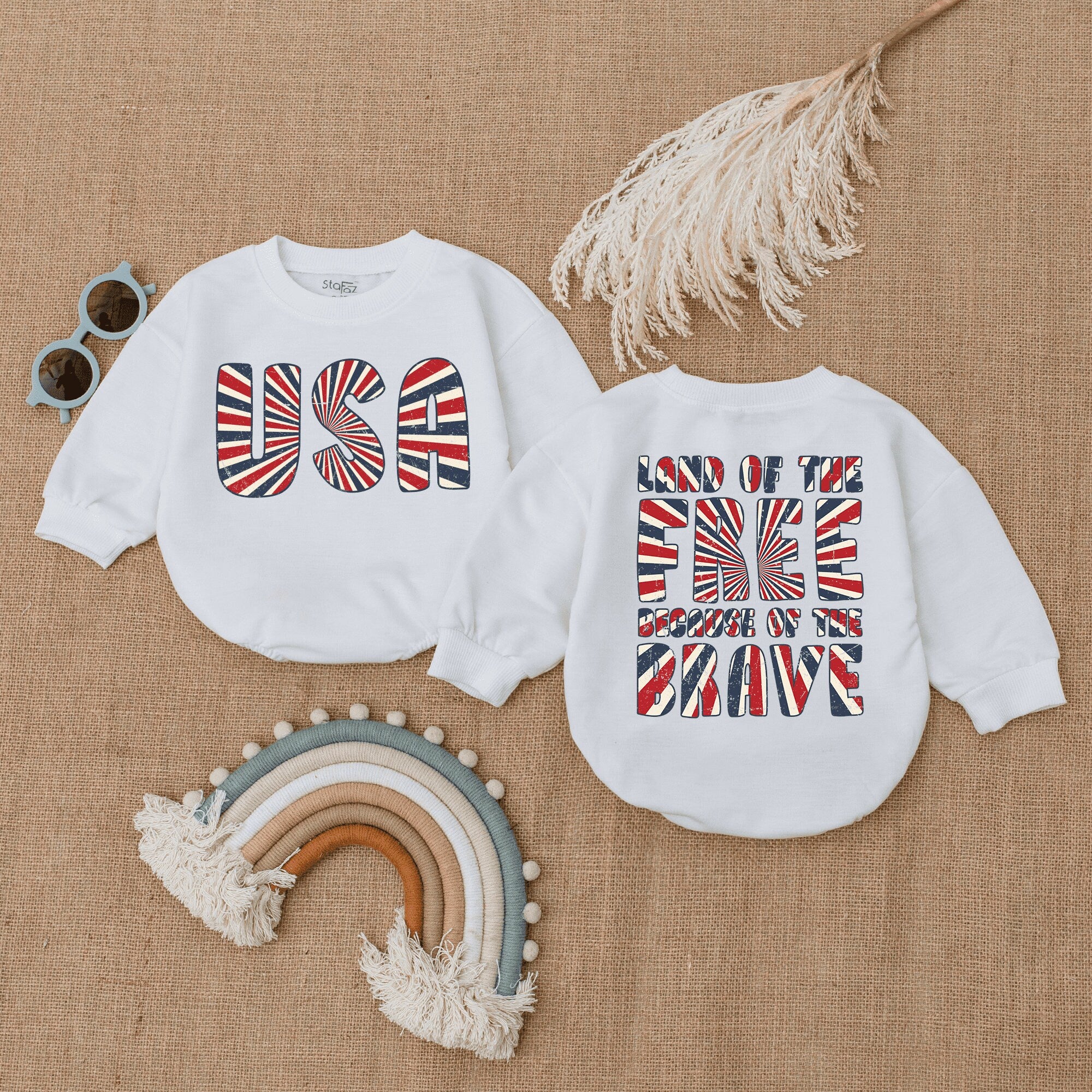 USA Land of the Free Baby Romper Retro Patriotic Bodysuit Infant Fourth of July Outfit Red White Blue Stars Stripes American Pride