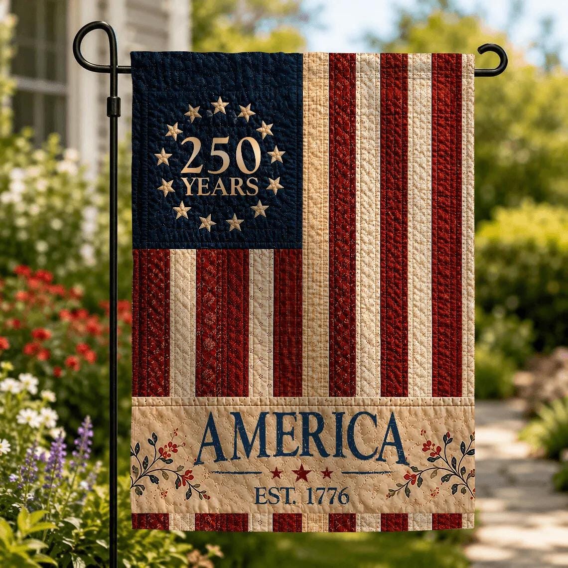 USA Vintage Style 250th Anniversary Garden Flag with Patchwork American Flag Design, Rustic Patriotic Outdoor Decor for 4th of July Celebration