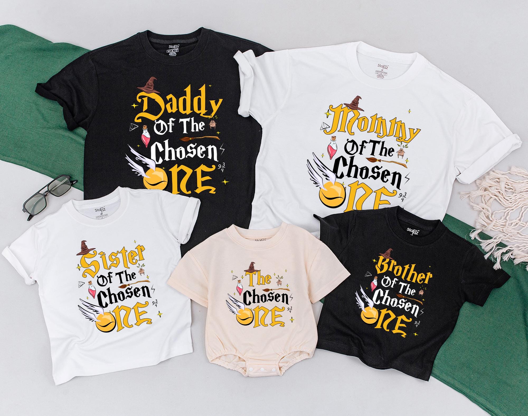 Vibrant Chosen One Matching Family Wizard Shirts Birthday Outfit Cotton Custom Names Fantasy Design