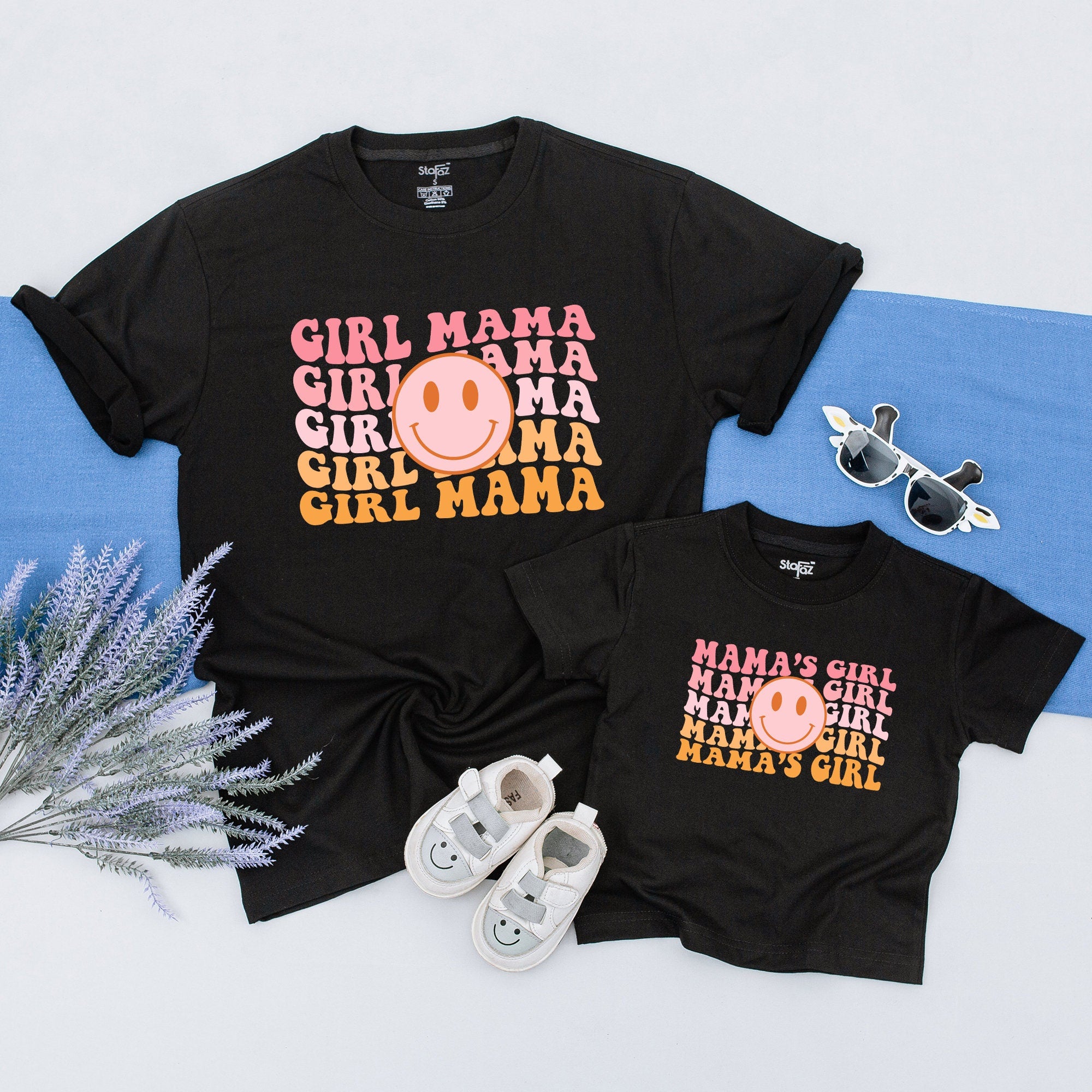 Vibrant Girl Mama Shirt with Smiley Face Playful Matching Mommy and Daughter Outfit Fun Pink Orange Design Perfect Gift for Family Bonding