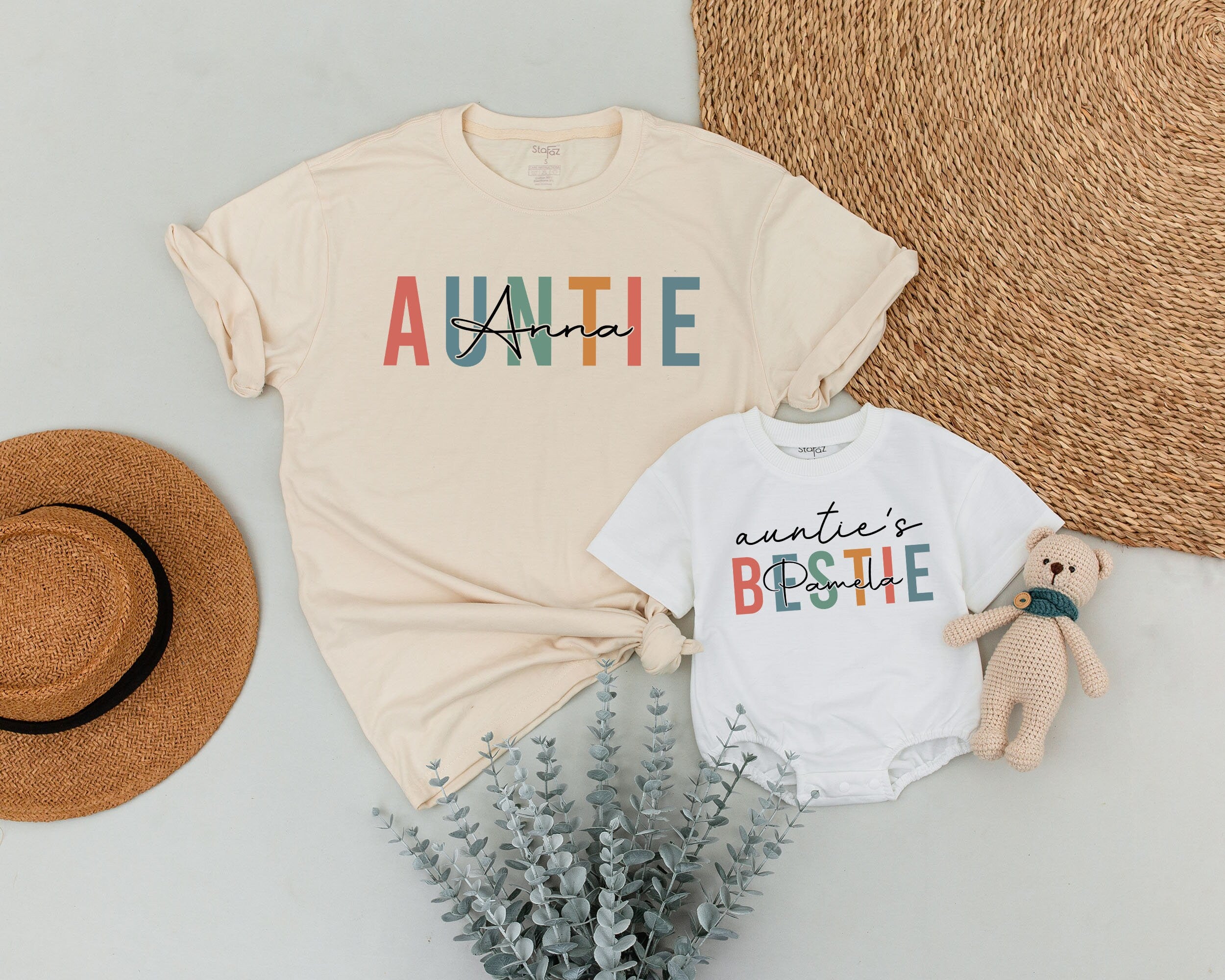 Vibrant Personalized Auntie and Baby Matching Outfits Custom Names Colorful Auntie Anna Bestie Multicolor Cotton Comfortable Gift