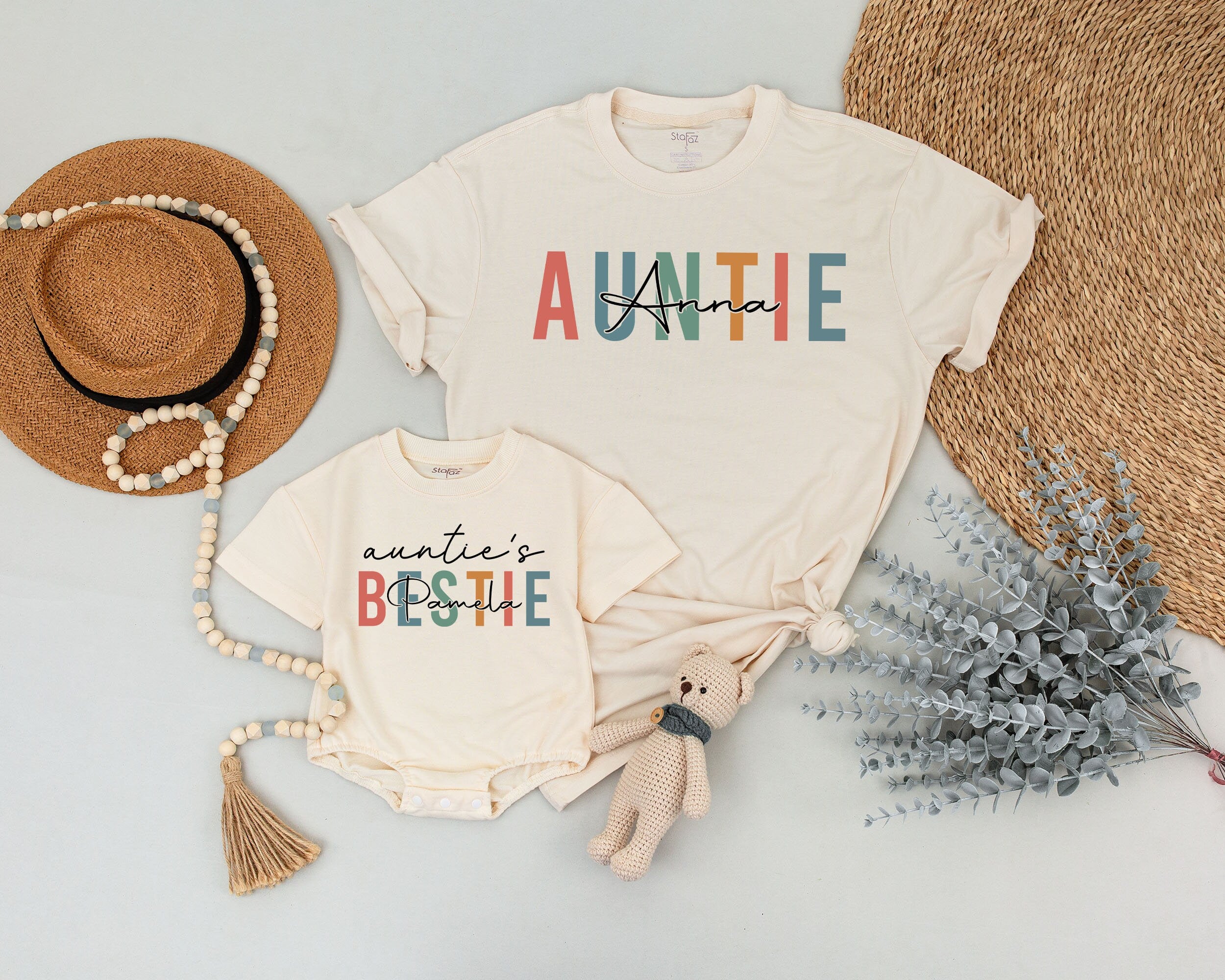 Vibrant Personalized Auntie and Baby Matching Outfits Custom Names Colorful Auntie Anna Bestie Multicolor Cotton Comfortable Gift