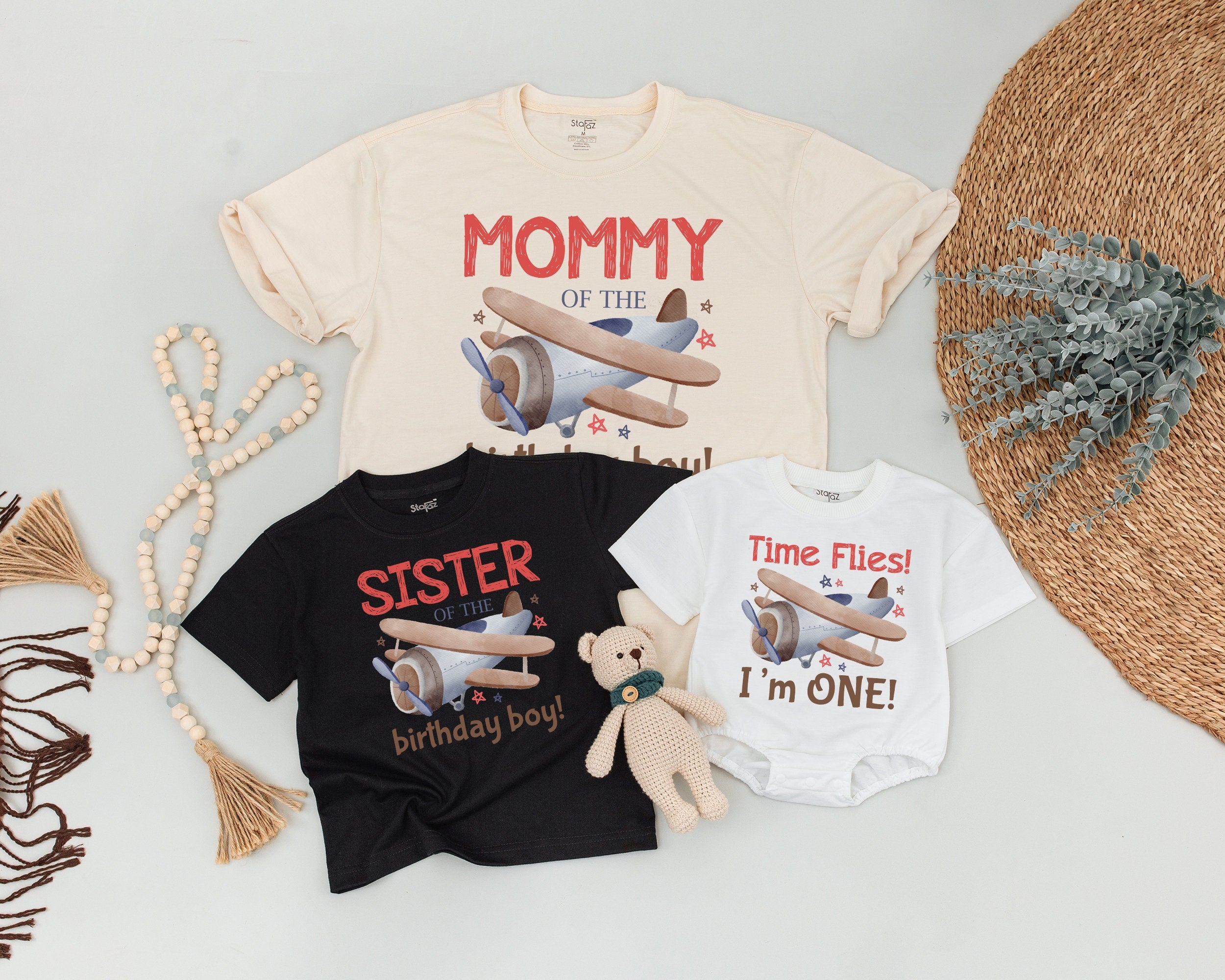 Vintage Airplane Birthday Shirt Flying into One Family Matching Outfits Custom Toddler Boy's Party Soft Cotton Whimsical Design