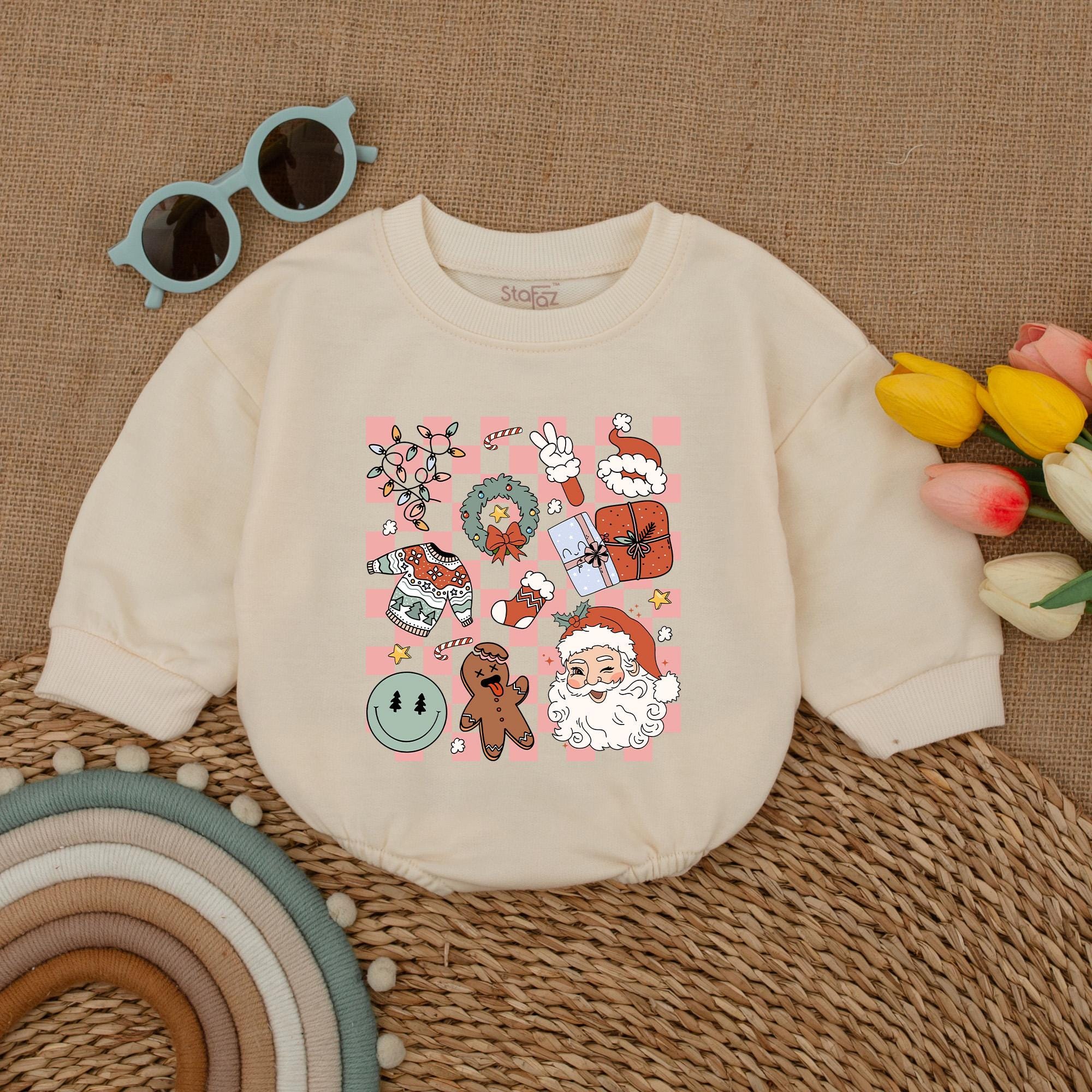 Vintage Christmas Baby Romper with Santa Gingerbread and Ornament Design Holiday First Christmas Outfit Cozy Cotton Infant Clothes