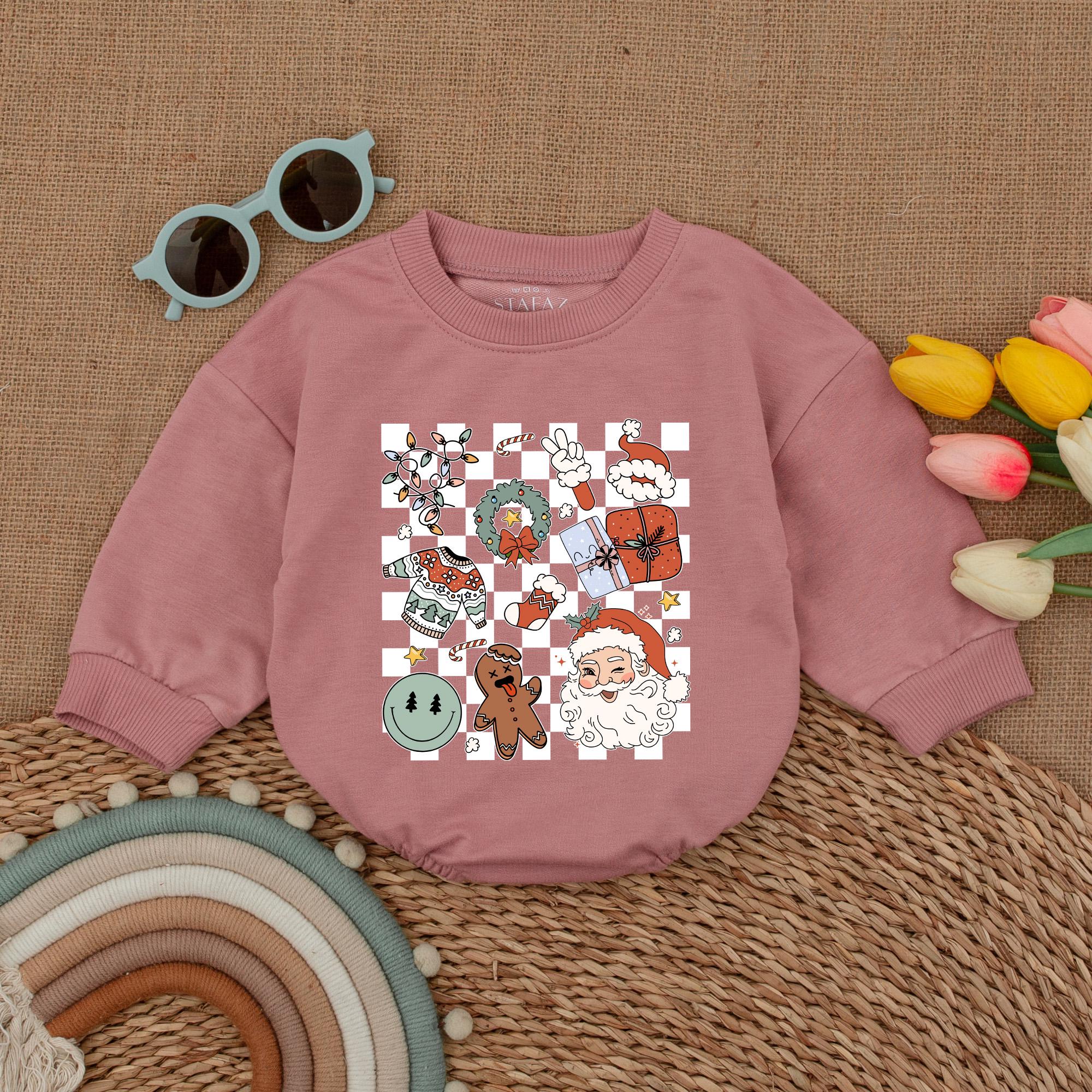 Vintage Christmas Baby Romper with Santa Gingerbread and Ornament Design Holiday First Christmas Outfit Cozy Cotton Infant Clothes