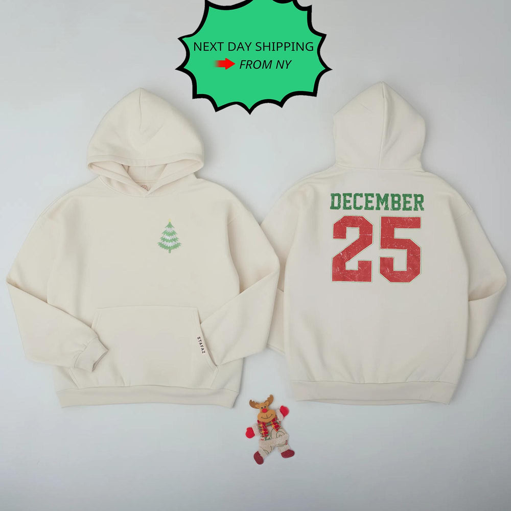 Vintage December 25 Christmas Hoodie with Green Tree Graphic and Bold Red Numbers Holiday Sweatshirt Soft Comfortable Festive Style