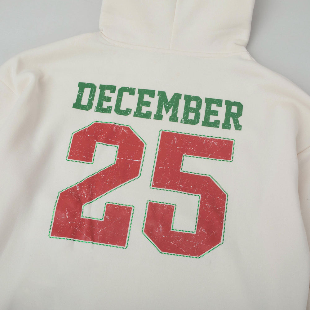 Vintage December 25 Christmas Hoodie with Green Tree Graphic and Bold Red Numbers Holiday Sweatshirt Soft Comfortable Festive Style