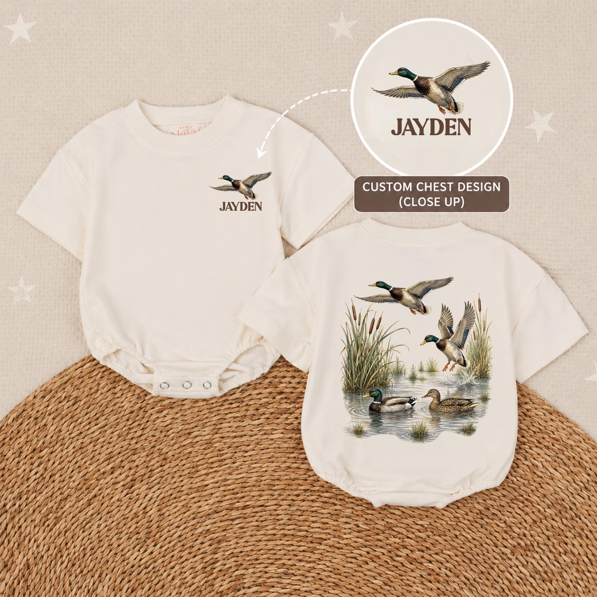 Vintage Mallard Duck Baby Romper with Custom Name, Hunting-Themed Infant Outfit for Newborn Photos or Baby Shower Gift