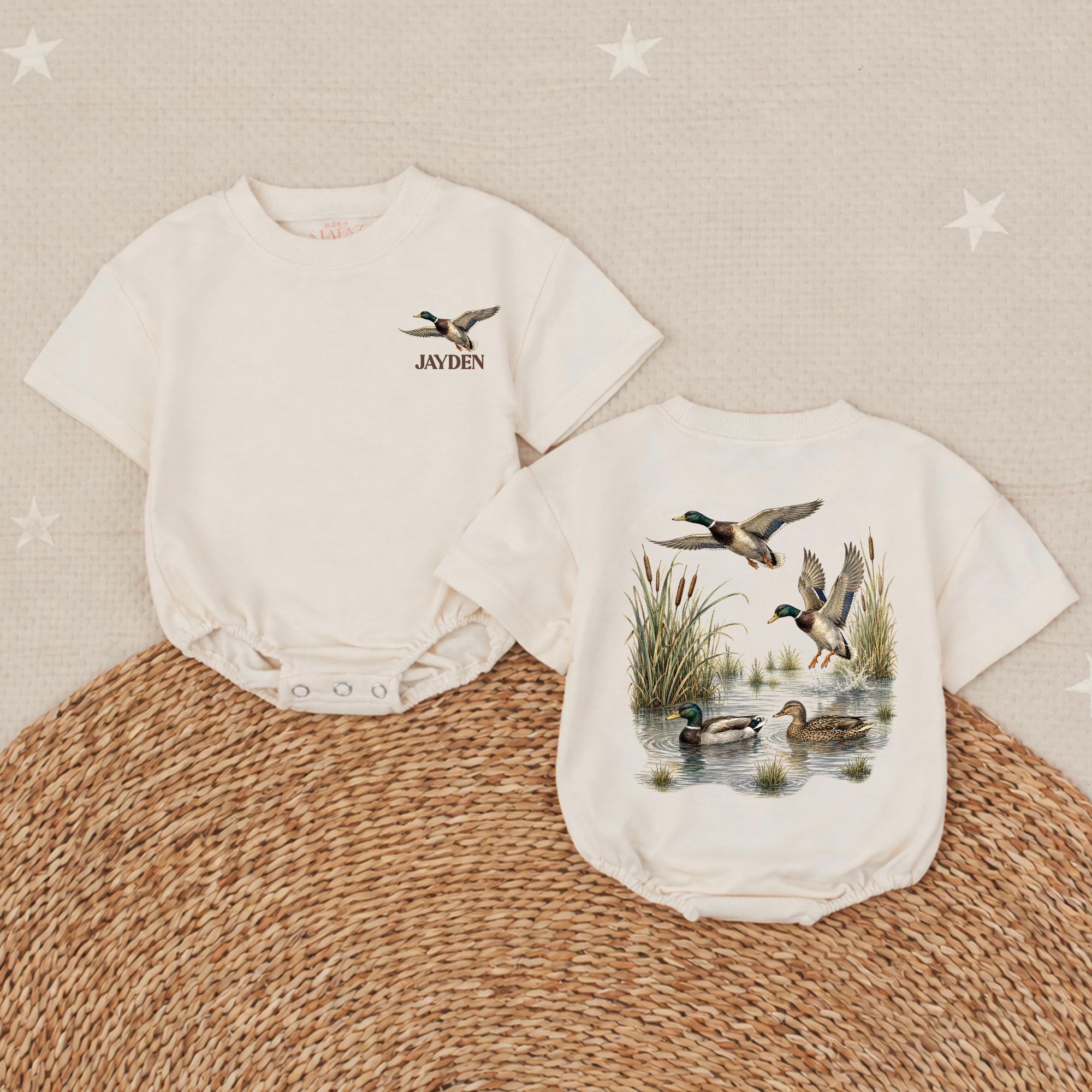 Vintage Mallard Duck Baby Romper with Custom Name, Hunting-Themed Infant Outfit for Newborn Photos or Baby Shower Gift