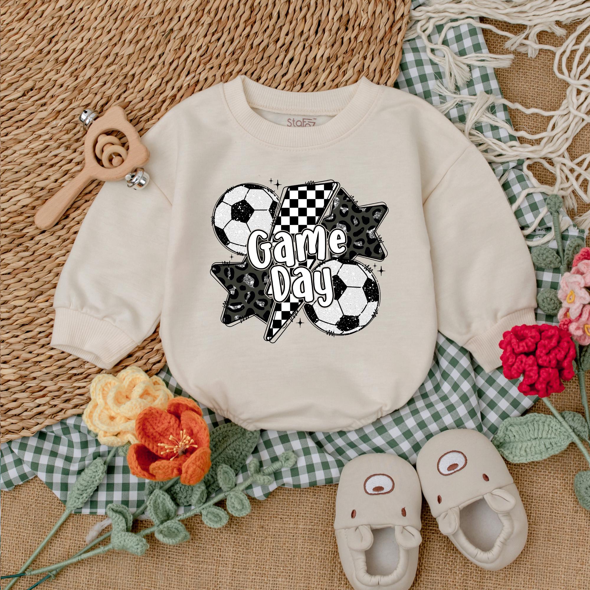 Vintage Soccer Game Day Baby Romper Gameday Outfit Soft Cotton Infant Girl Clothes Black White Checkered Design Birthday Gift