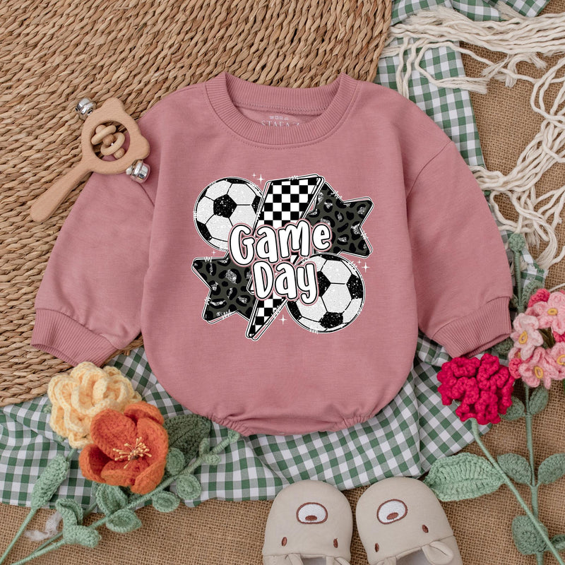 Vintage Soccer Game Day Baby Romper Gameday Outfit Soft Cotton Infant Girl Clothes Black White Checkered Design Birthday Gift
