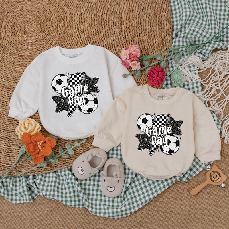 Vintage Soccer Game Day Baby Romper Gameday Outfit Soft Cotton Infant Girl Clothes Black White Checkered Design Birthday Gift