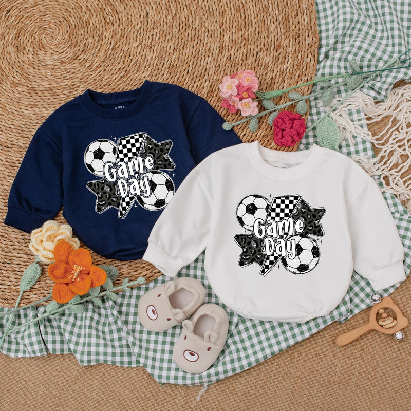 Vintage Soccer Game Day Baby Romper Gameday Outfit Soft Cotton Infant Girl Clothes Black White Checkered Design Birthday Gift