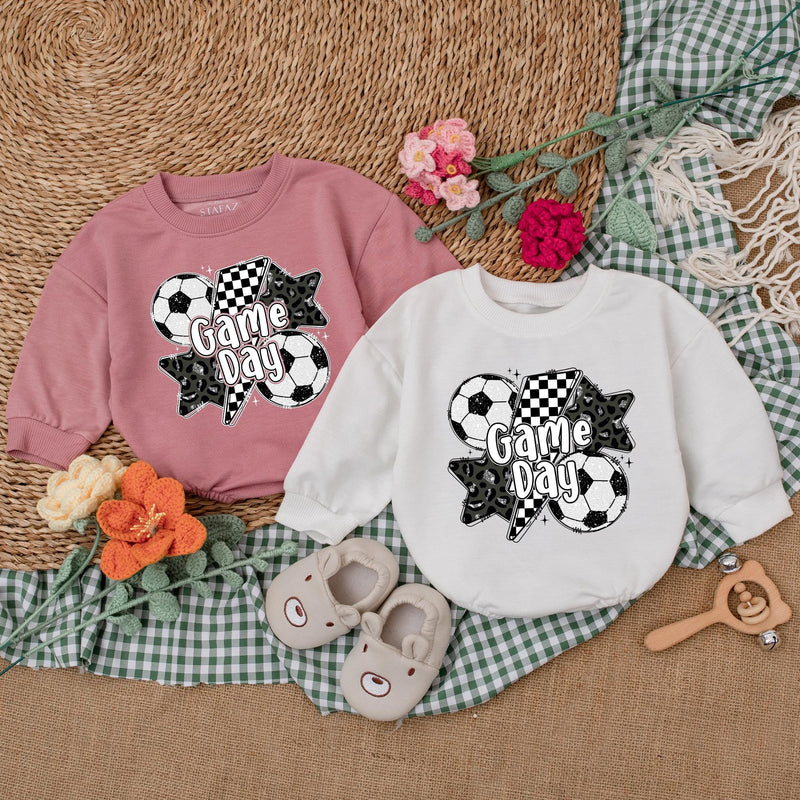 Vintage Soccer Game Day Baby Romper Gameday Outfit Soft Cotton Infant Girl Clothes Black White Checkered Design Birthday Gift