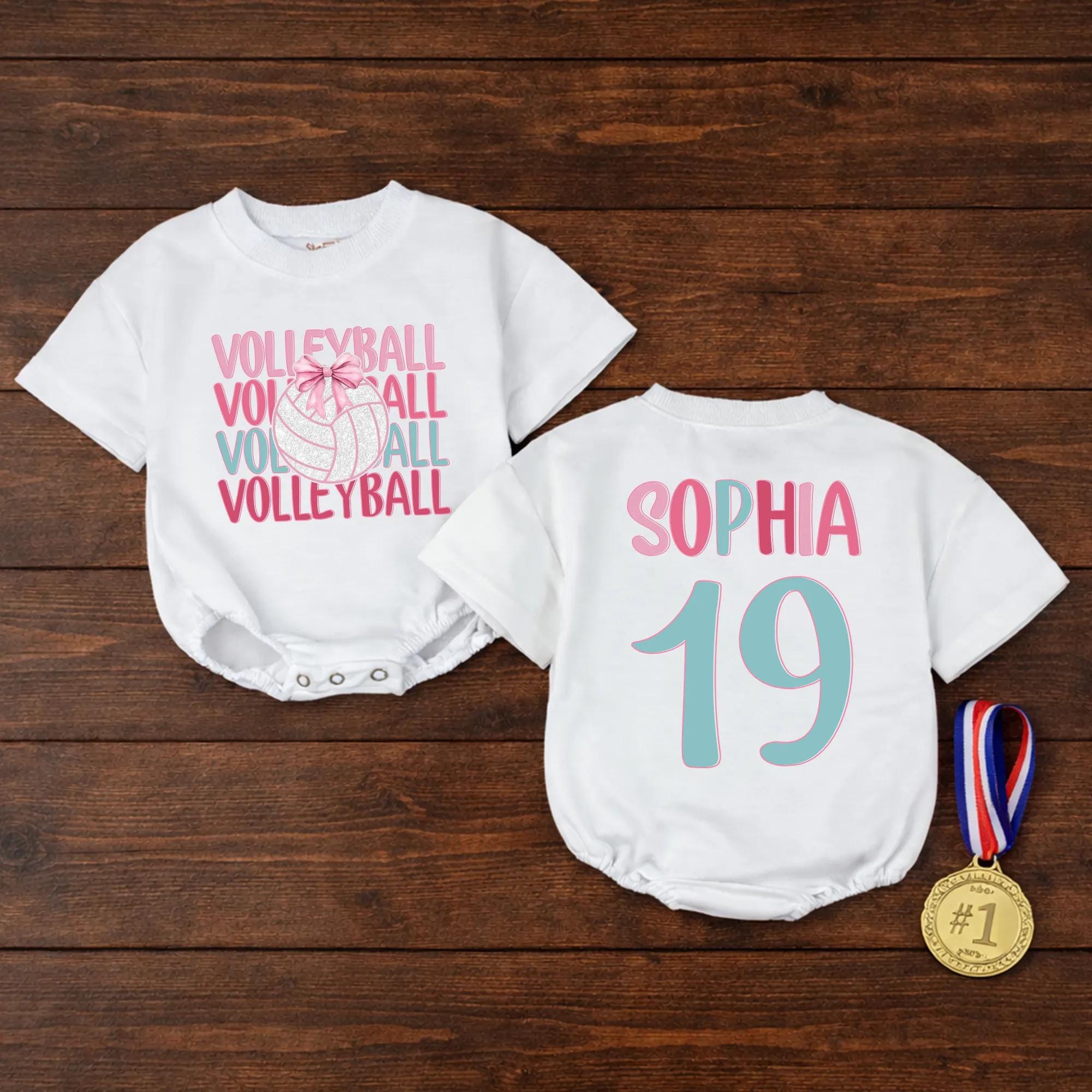 Volleyball Bow Baby Bubble Romper with Custom Name and Number, Pink and Aqua Game Day Outfit for Kids, Matching Family Sports Shirts
