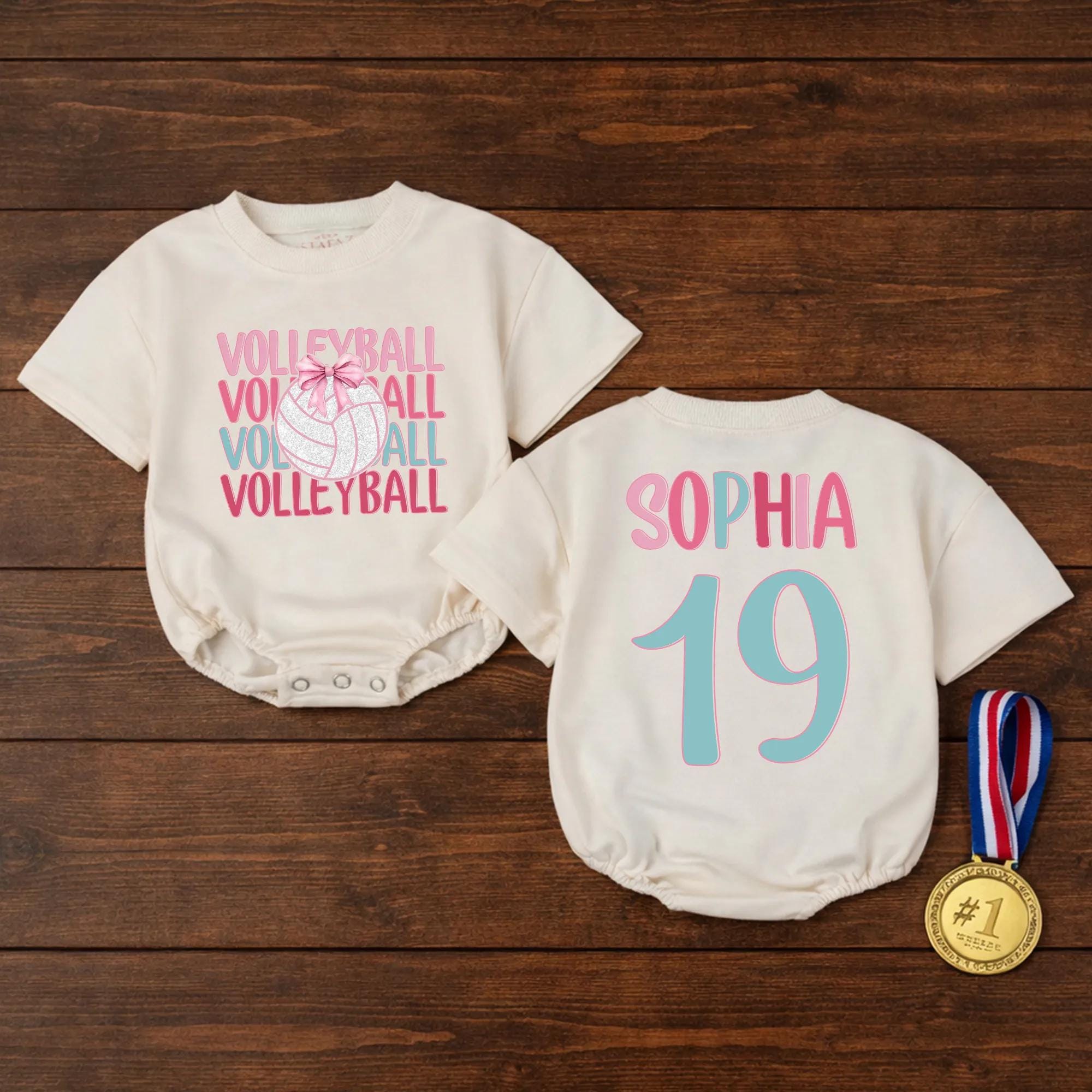 Volleyball Bow Baby Bubble Romper with Custom Name and Number, Pink and Aqua Game Day Outfit for Kids, Matching Family Sports Shirts