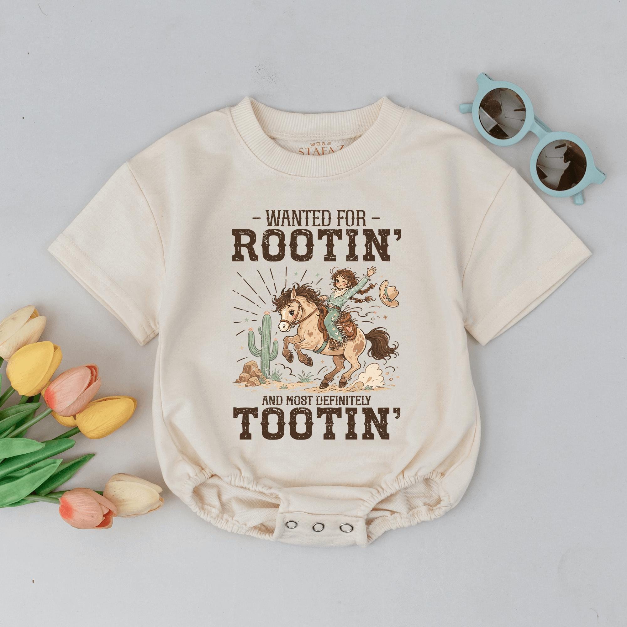 Wanted for Rootin' Tootin' Baby Romper with Cowboy Graphic, Western Baby Shower Gift, Cute Rodeo Infant Outfit for Girls