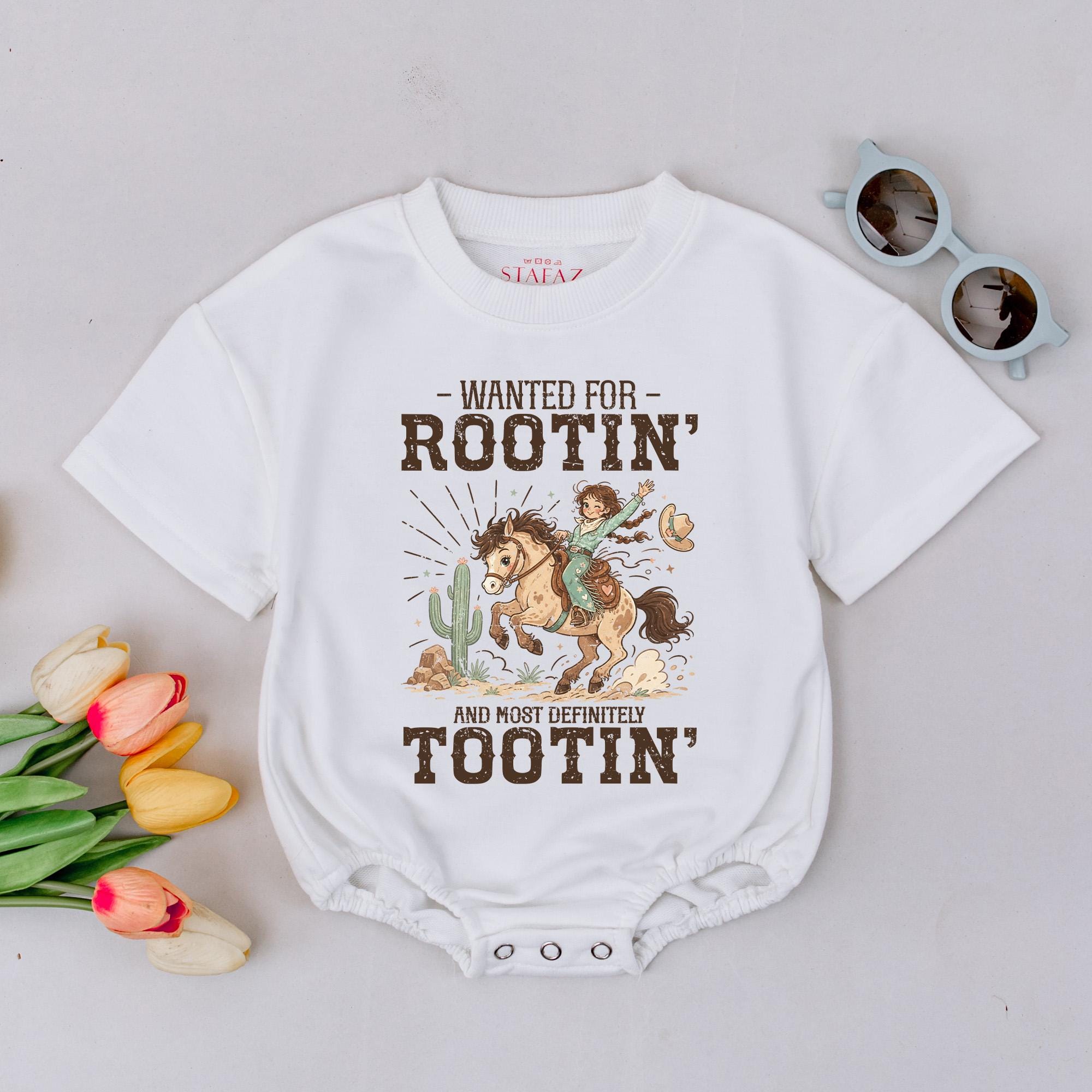 Wanted for Rootin' Tootin' Baby Romper with Cowboy Graphic, Western Baby Shower Gift, Cute Rodeo Infant Outfit for Girls