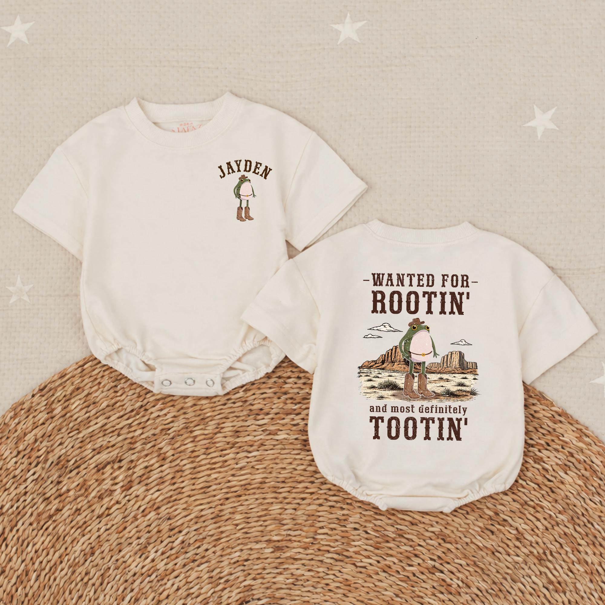 Wanted Rootin' Tootin' Frog Cowboy Baby Romper with Custom Name, Funny Western Infant Outfit for Milestone Photos & Gifts