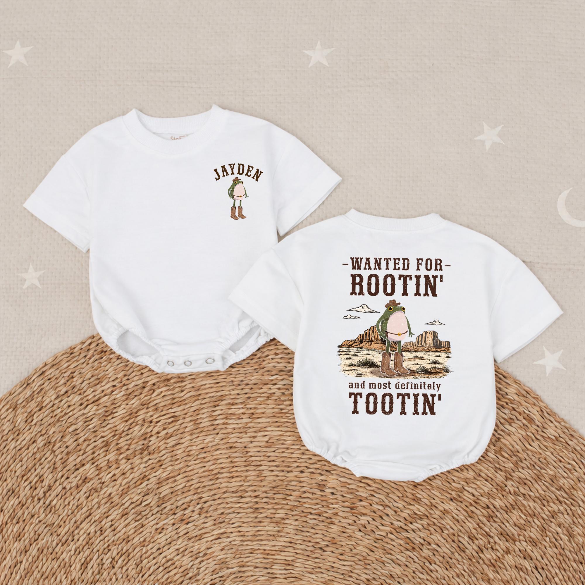 Wanted Rootin' Tootin' Frog Cowboy Baby Romper with Custom Name, Funny Western Infant Outfit for Milestone Photos & Gifts