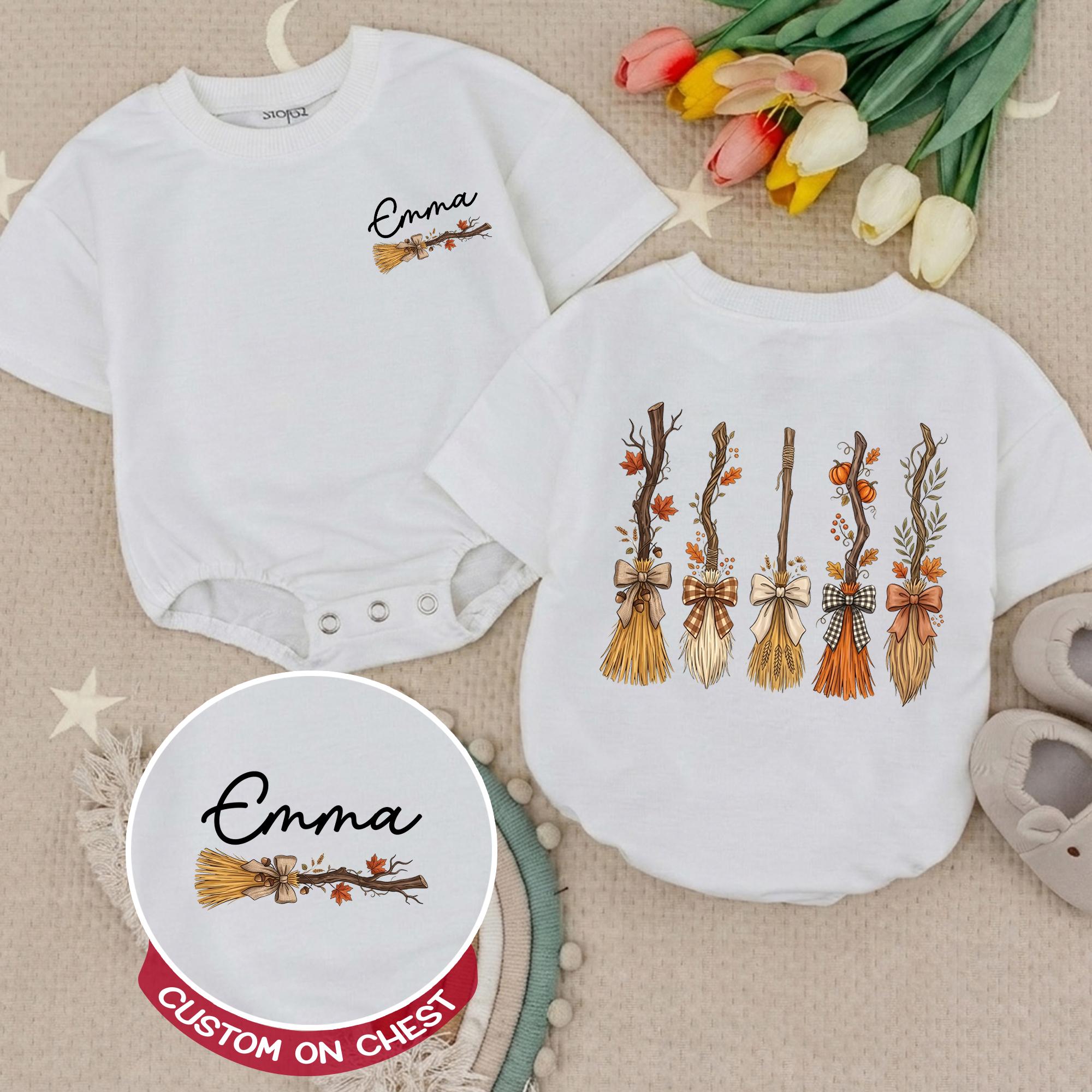 Watercolor Witch Broom Baby Romper with Custom Name, Halloween Newborn Outfit, Fall Cottagecore Infant Bodysuit for Pumpkin Patch