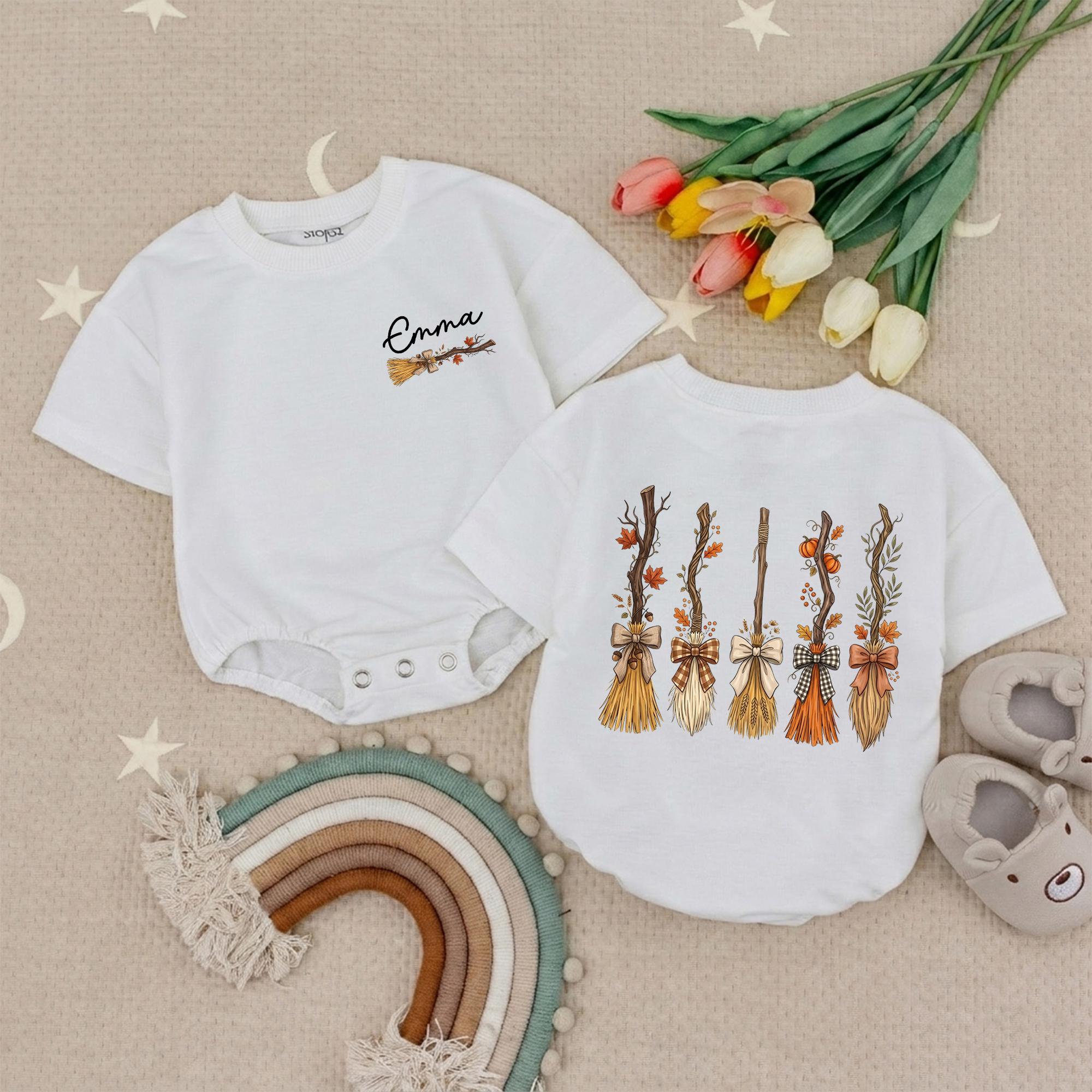 Watercolor Witch Broom Baby Romper with Custom Name, Halloween Newborn Outfit, Fall Cottagecore Infant Bodysuit for Pumpkin Patch