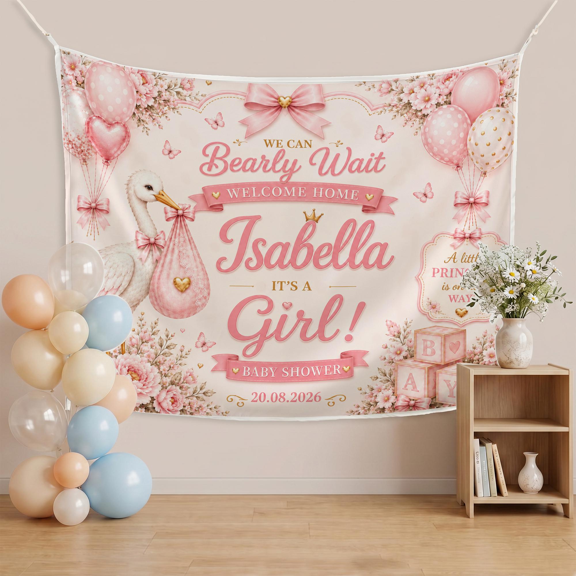 We Can Bearly Wait Baby Shower Silk Banner with Stork and Balloons, Personalized Name and Date, Pink Floral Welcome Backdrop