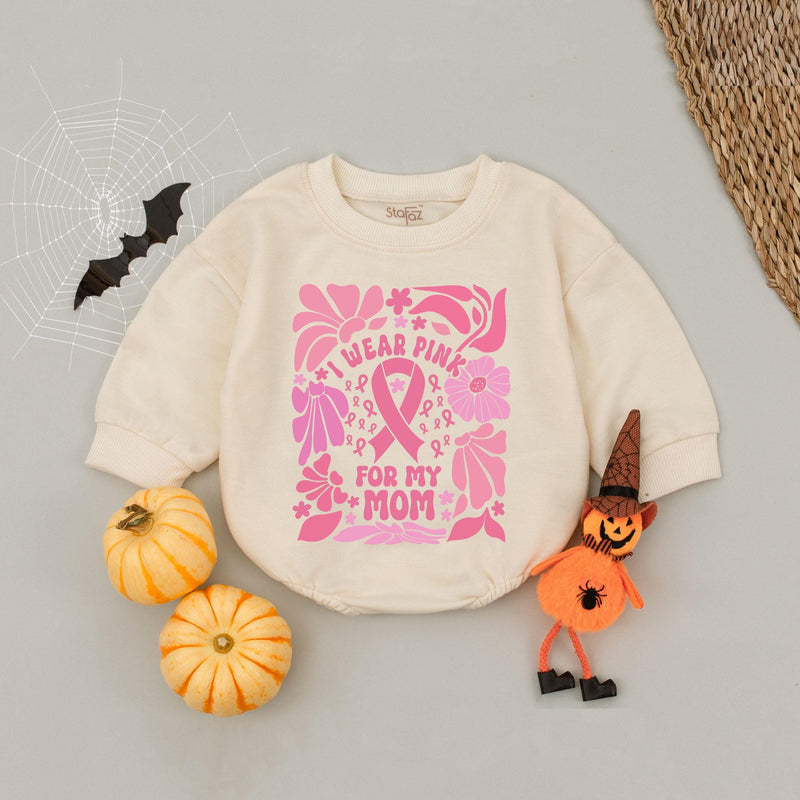 I Wear Pink for My Mom Boho Floral Baby Romper Breast Cancer Awareness Outfit Infant Pink Ribbon Bodysuit Gift for Baby Shower October