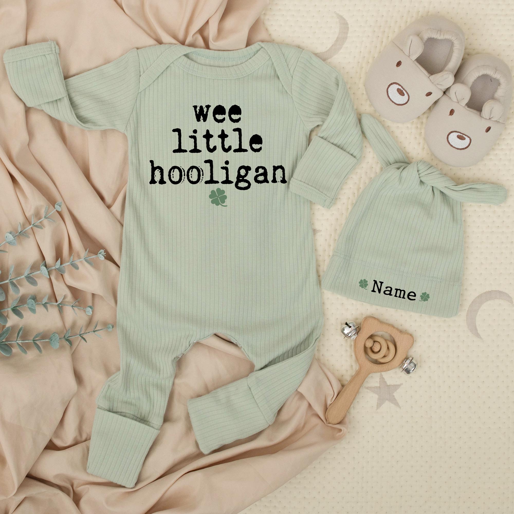 Wee Little Hooligan Baby Bodysuit and Custom Name Hat Set, St. Patrick's Day Newborn Outfit, Irish Baby Shower Gift, Gender Neutral