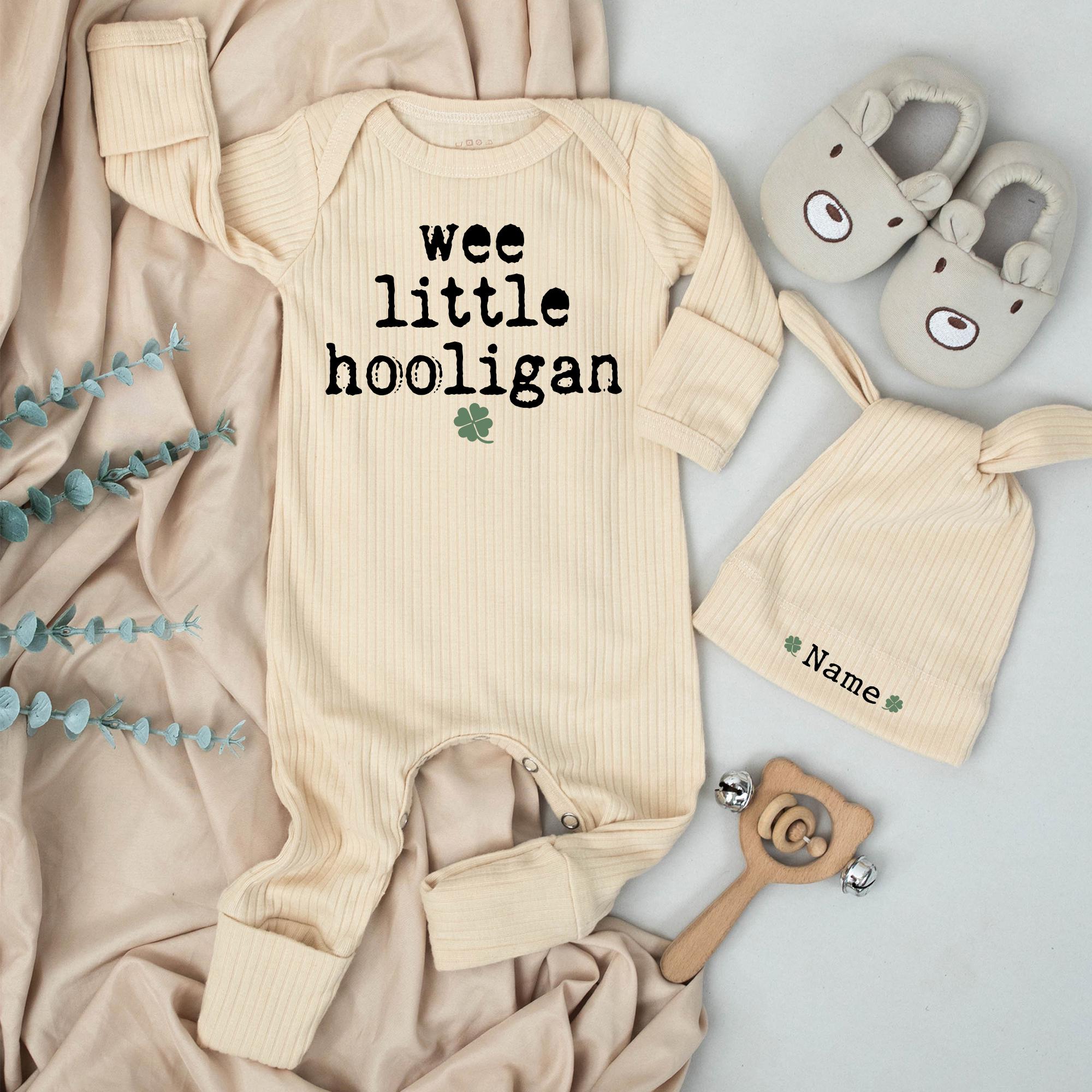 Wee Little Hooligan Baby Bodysuit and Custom Name Hat Set, St. Patrick's Day Newborn Outfit, Irish Baby Shower Gift, Gender Neutral