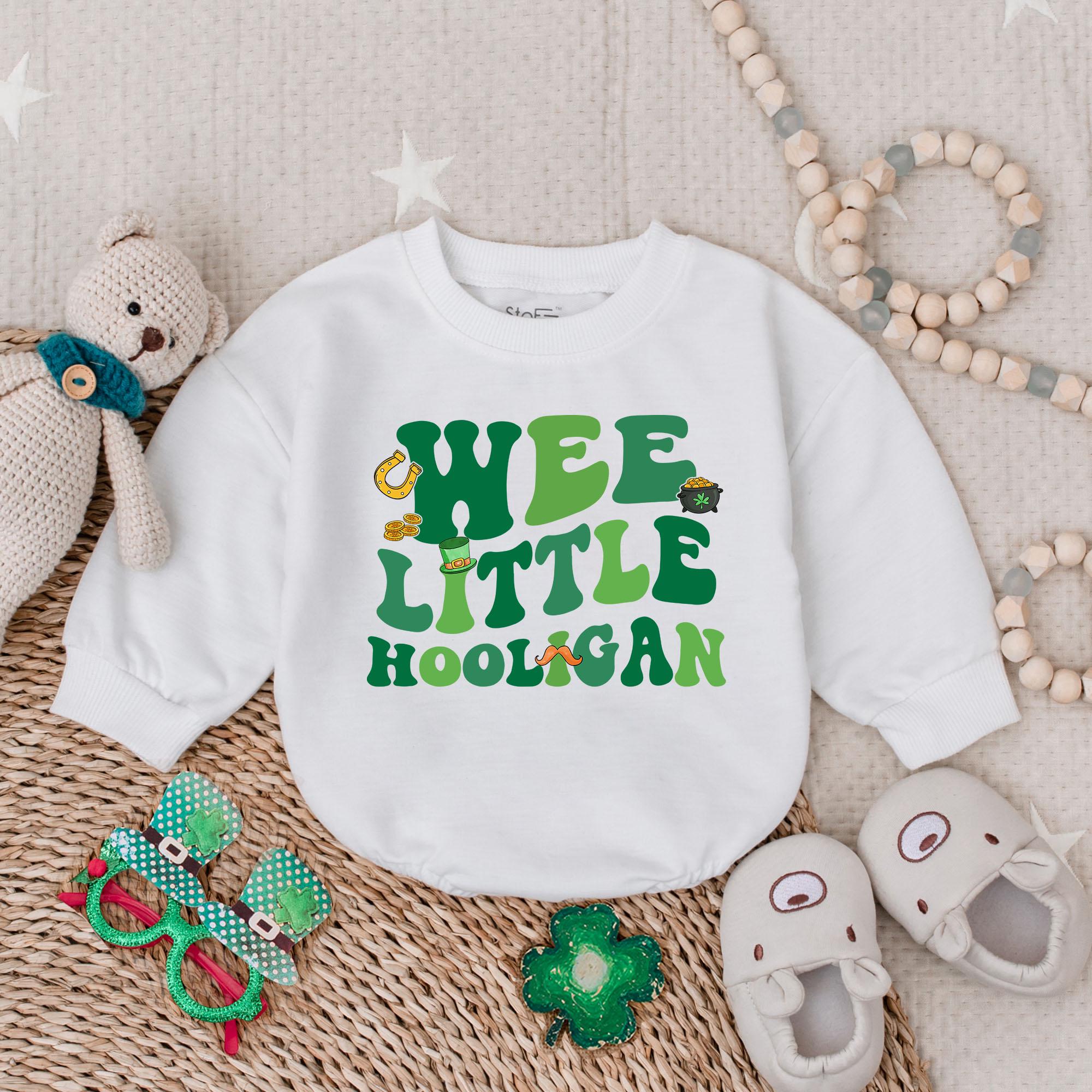 Wee Little Hooligan St. Patrick's Day Baby Romper with Lucky Shamrock Irish Charm Festive Clover Outfit Soft Cotton Infant Gift