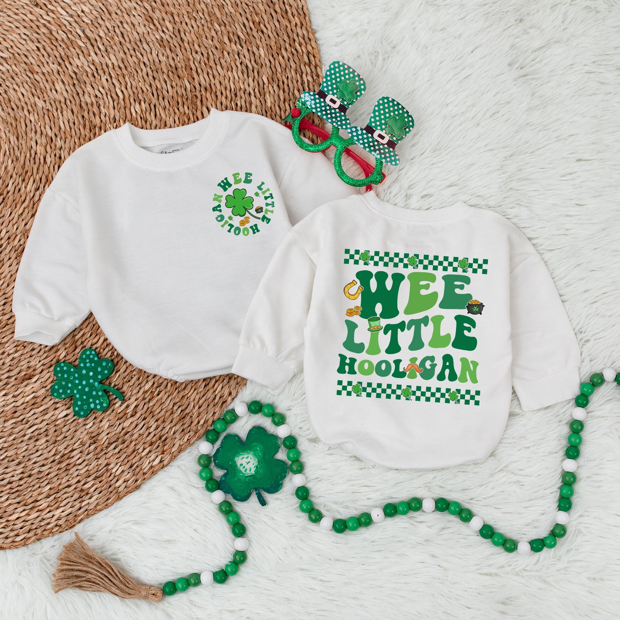 Wee Little Hooligan St. Patrick's Day Baby Romper Toddler Irish Outfit Shamrock Design Holiday Gift Lucky Green Checkered Horseshoe