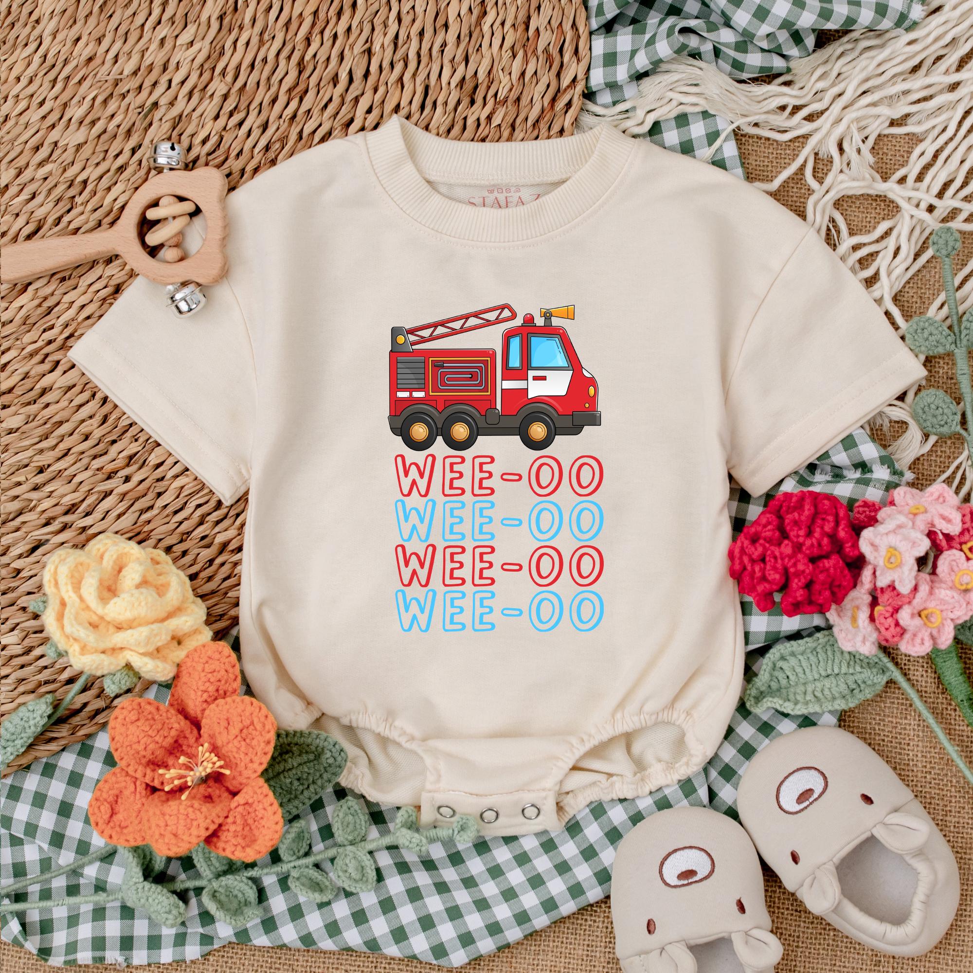 Wee-oo Firetruck Baby Romper Fun Firefighter Bodysuit for Boys Newborn Short Sleeve Outfit Vibrant Red Yellow Graphic Playful Gift