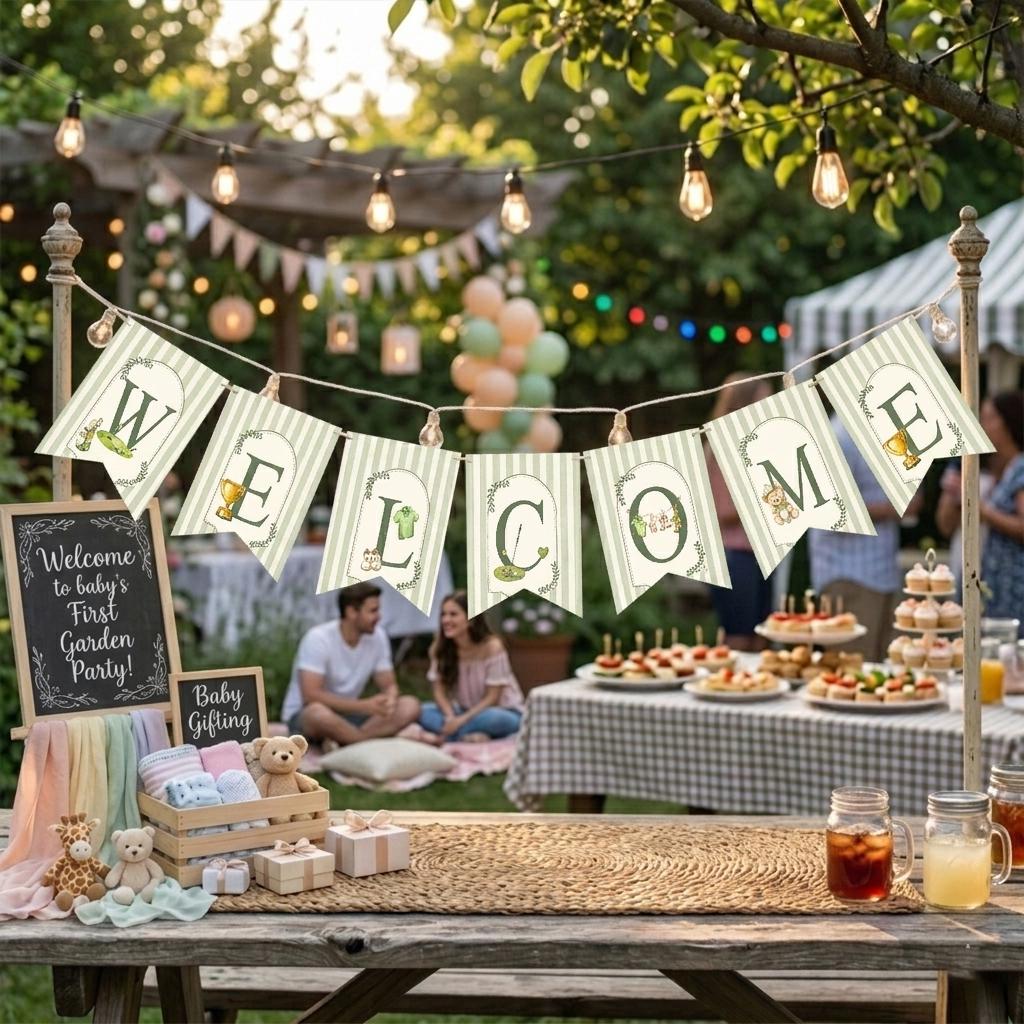 Welcome Baby Shower Banner with Sage Green Stripes Golf Theme Decor Personalized Garland for Wall Vintage Botanical Party Decoration