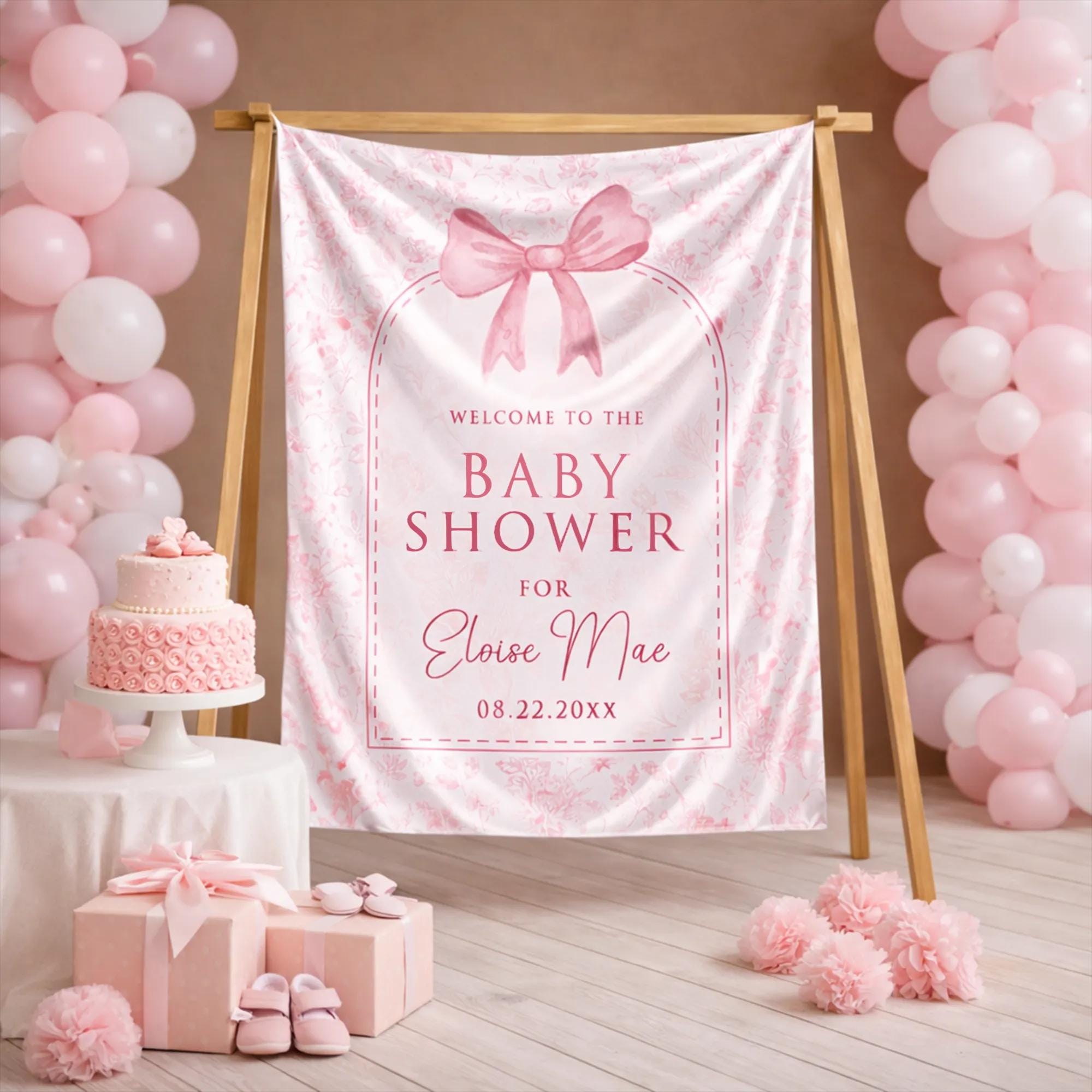 Welcome to the Baby Shower Silk Banner with Pink Bow Design, Custom Name and Date, Elegant Party Decoration for Mom-to-Be