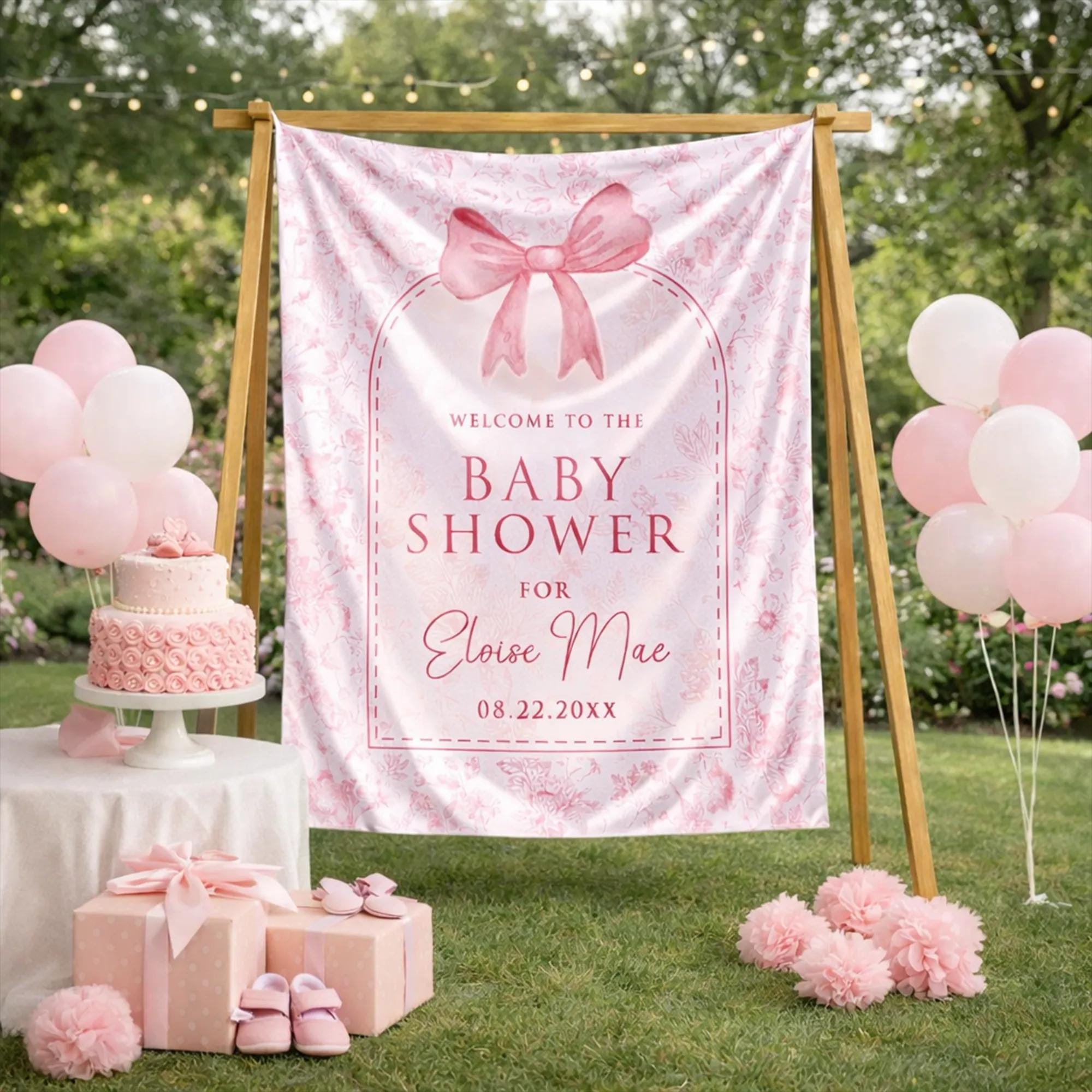 Welcome to the Baby Shower Silk Banner with Pink Bow Design, Custom Name and Date, Elegant Party Decoration for Mom-to-Be