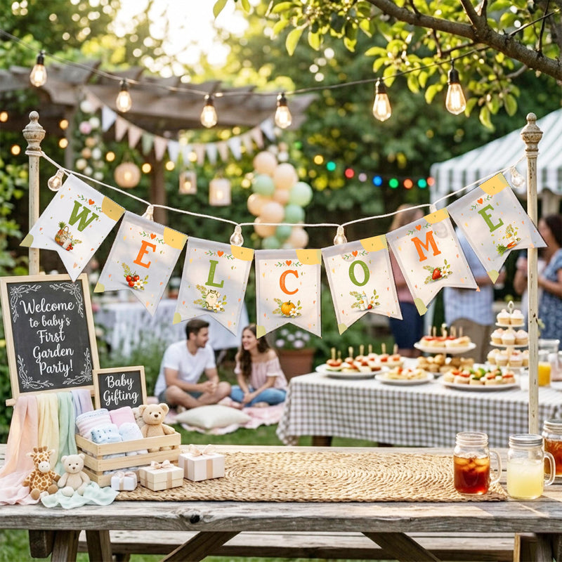 Welcome Banner with Green and Orange Pennants Harvest-Themed Watercolor Baby Shower or Fall Party Garland Rustic Decor