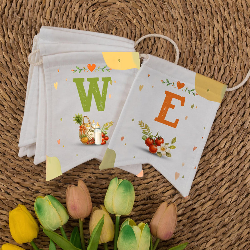 Welcome Banner with Green and Orange Pennants Harvest-Themed Watercolor Baby Shower or Fall Party Garland Rustic Decor