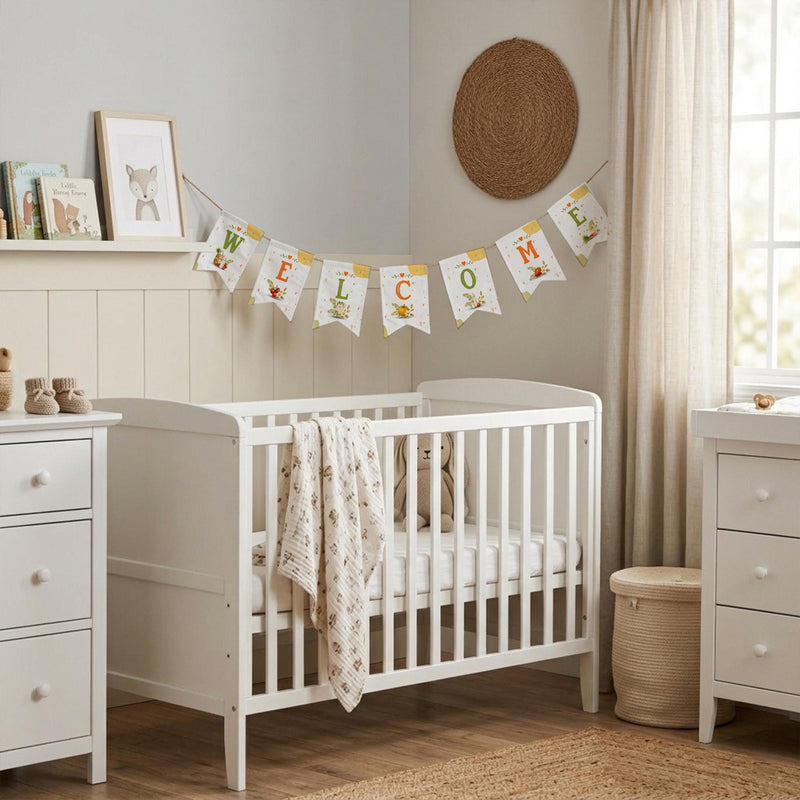 Welcome Banner with Green and Orange Pennants Harvest-Themed Watercolor Baby Shower or Fall Party Garland Rustic Decor