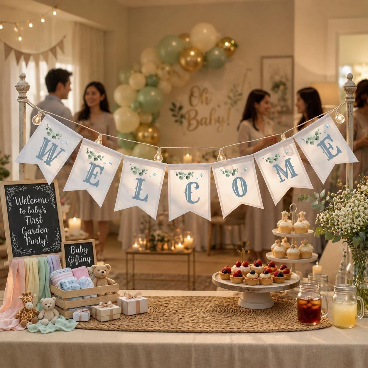 Welcome Home Baby Boy Banner with Eucalyptus Design Soft Blue Grey Letters Elegant Rustic Canvas Baby Shower Wall Decoration