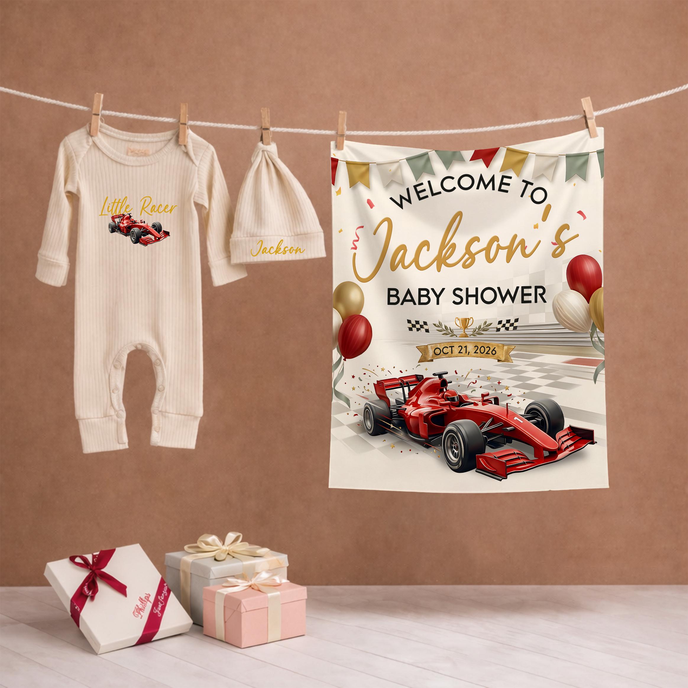 Welcome to Jackson's Baby Shower Silk Banner with Racing Car Design and Custom Name, Little Racer Baby Bodysuit & Hat Set