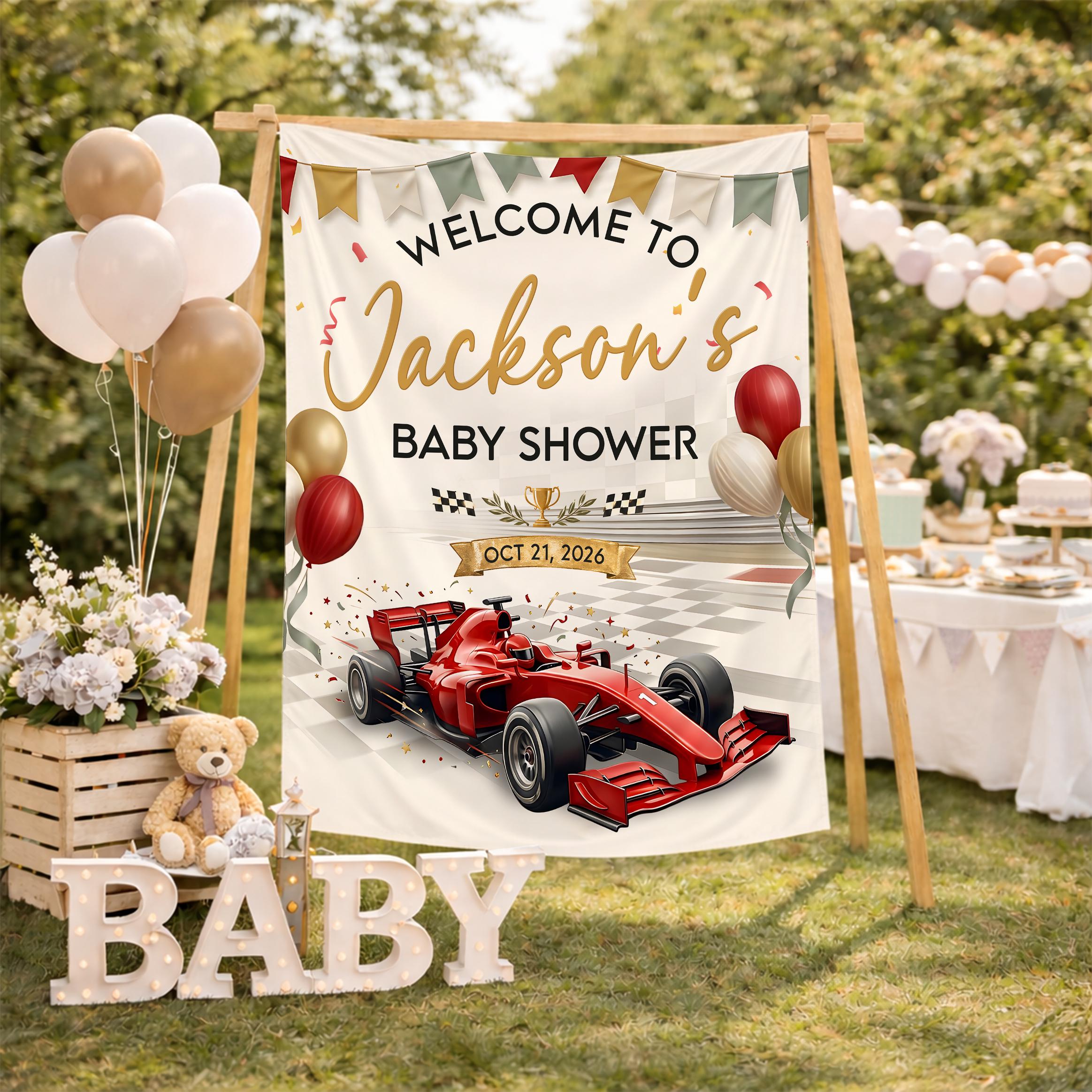 Welcome to Jackson's Baby Shower Silk Banner with Racing Car Design and Custom Name, Little Racer Baby Bodysuit & Hat Set