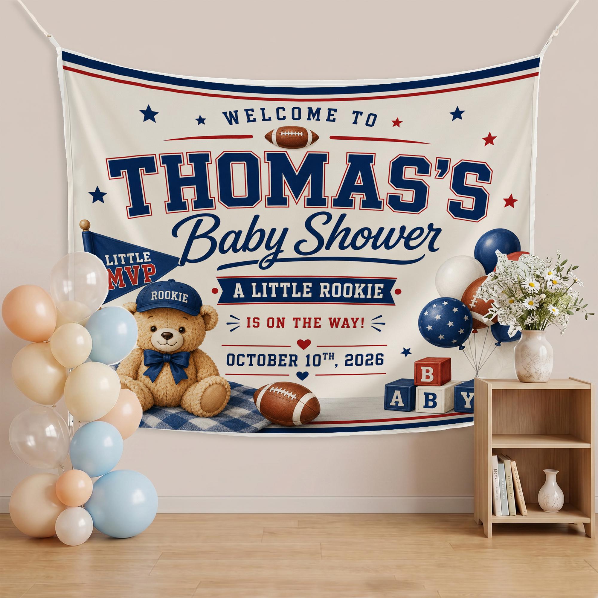 Welcome to Thomas's Baby Shower Silk Banner, Little Rookie Football Theme with Custom Name and Date, Sports Baby Shower Decor