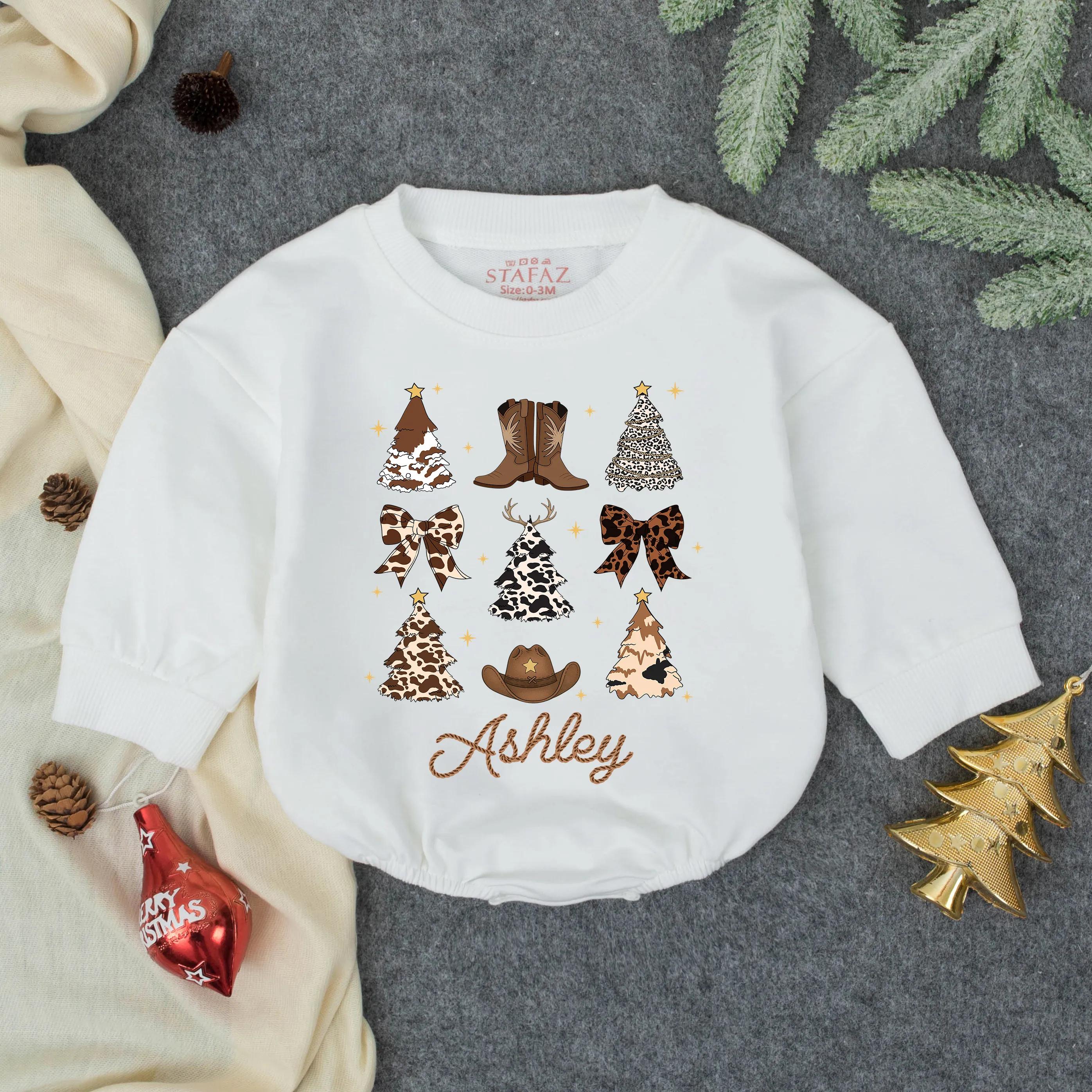 Western Christmas Baby Romper with Cowboy Hat and Tree Design, Personalized Name Outfit, First Christmas Gift for Toddler
