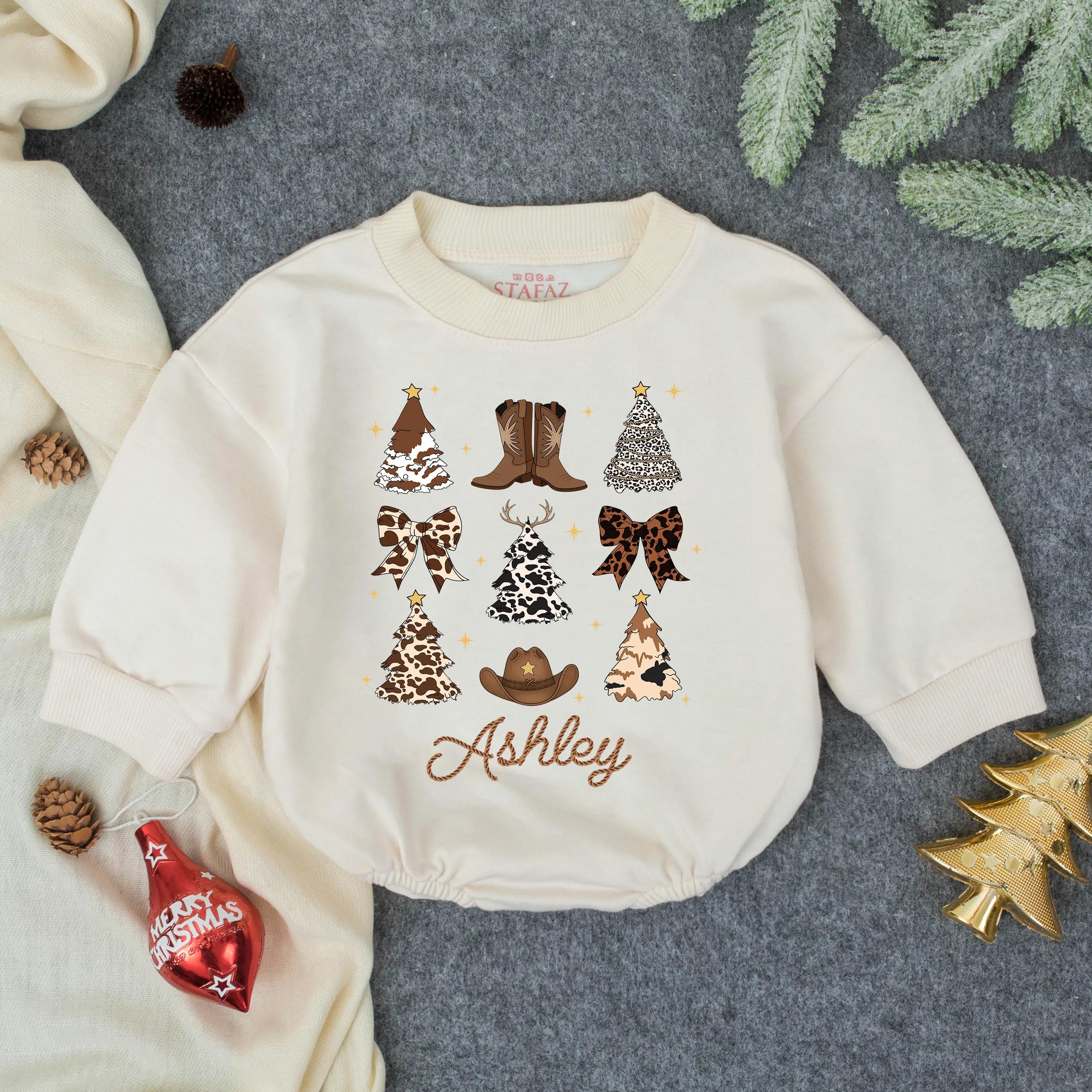 Western Christmas Baby Romper with Cowboy Hat and Tree Design, Personalized Name Outfit, First Christmas Gift for Toddler