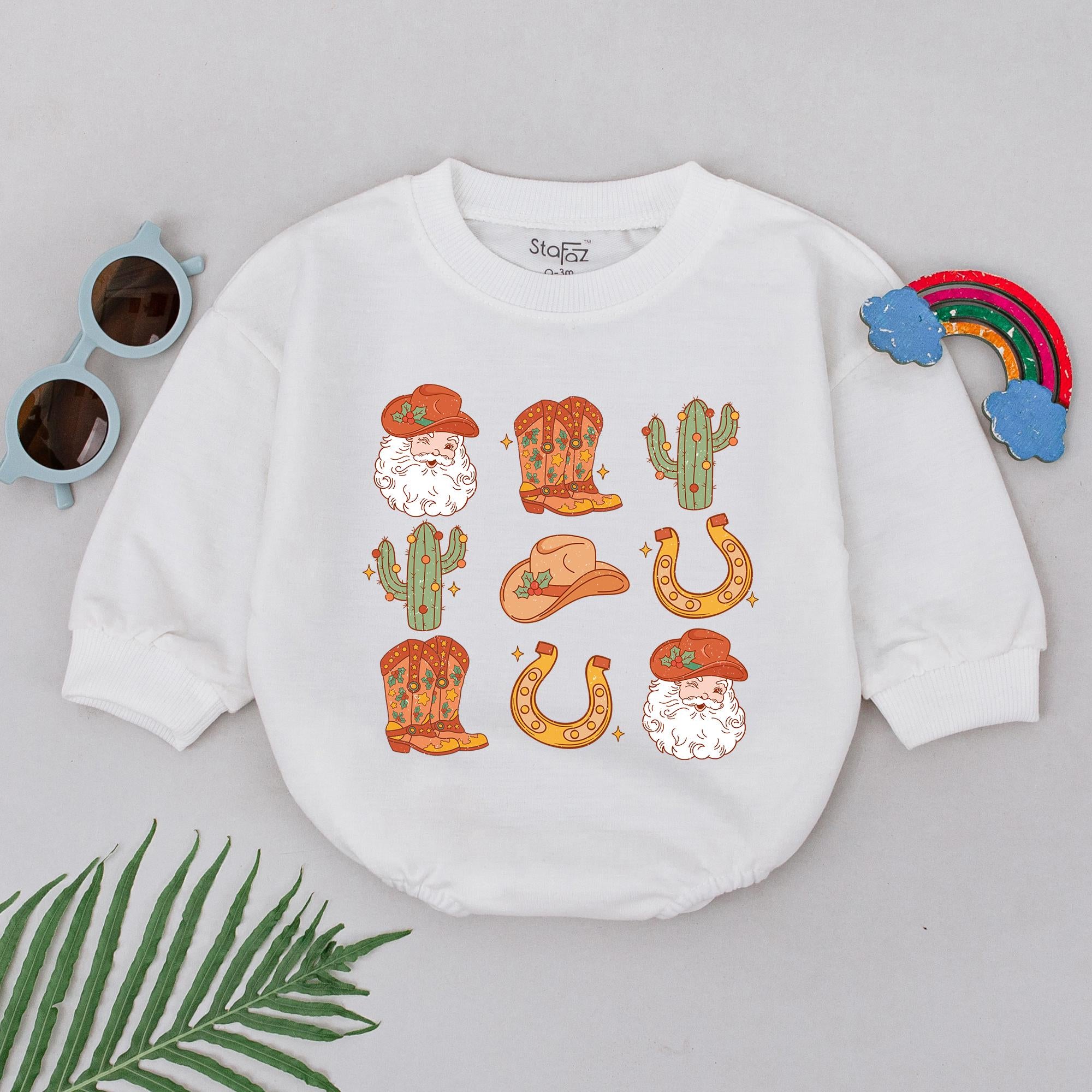 Western Christmas Baby Romper with Cowboy Hats and Santa Faces Retro Style First Holiday Outfit Soft Cotton for Newborn Girls