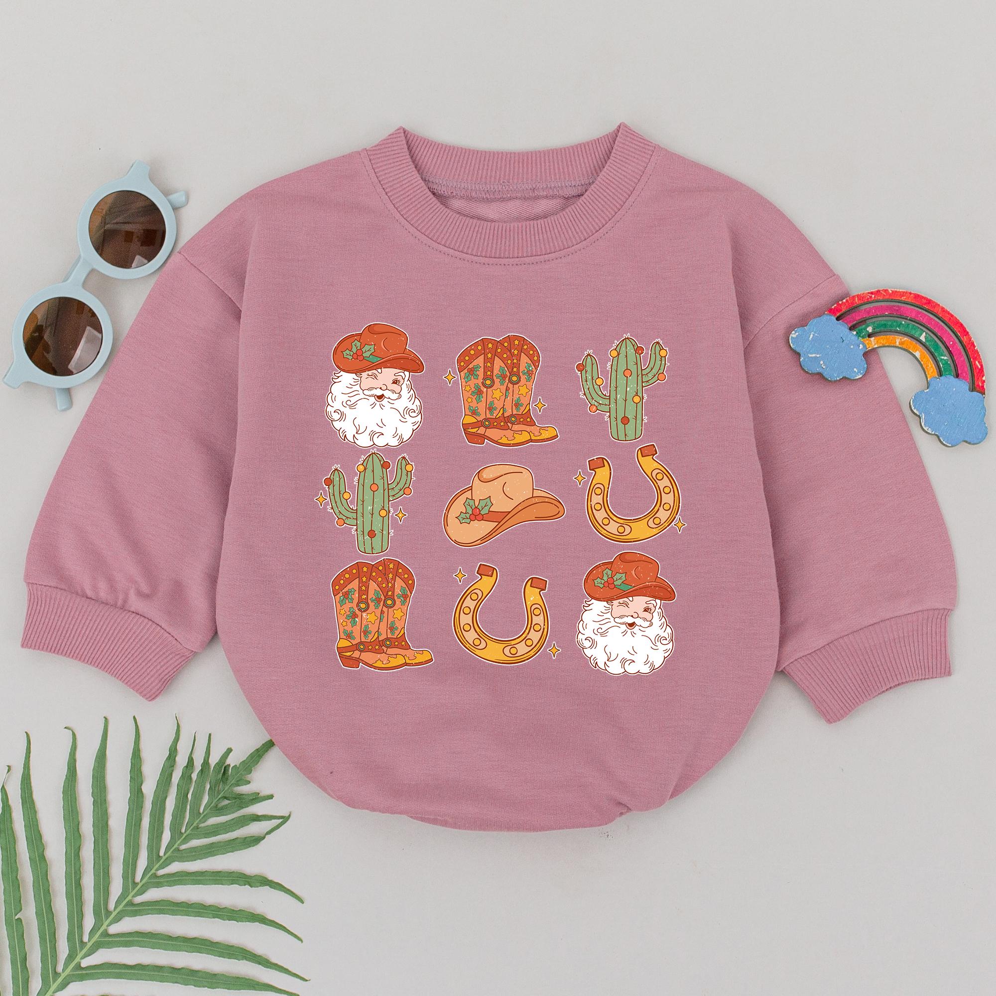 Western Christmas Baby Romper with Cowboy Hats and Santa Faces Retro Style First Holiday Outfit Soft Cotton for Newborn Girls