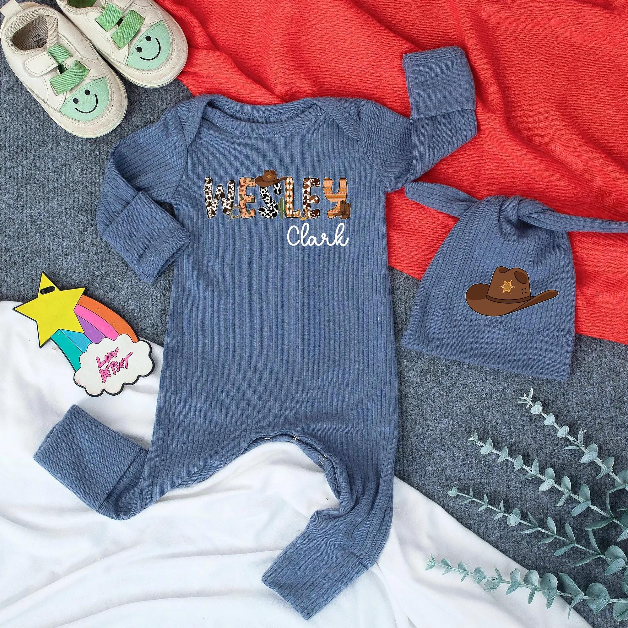 Western Cowboy Baby Bodysuit with Hat, Leopard Print Name Design, Personalized Infant Outfit for Baby Shower or Coming Home Gift