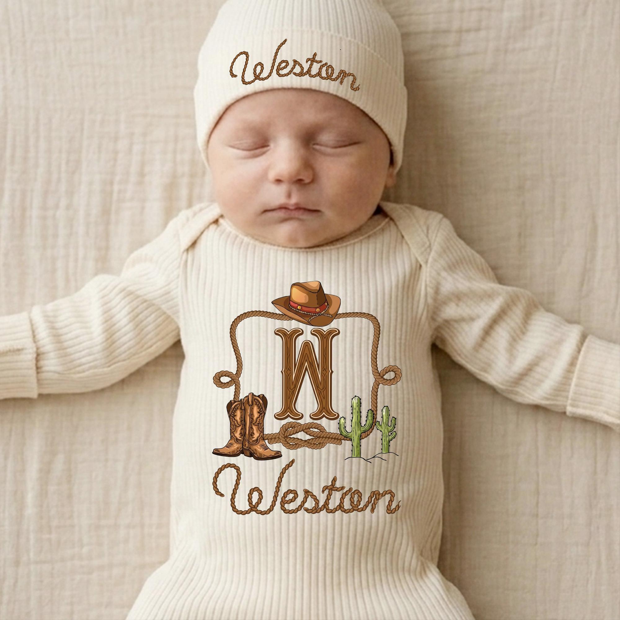 Western Cowboy Baby Bodysuit and Hat Set with Custom Name, Newborn Outfit Featuring Boots, Hat, Cactus Artwork for Photos & Gifts