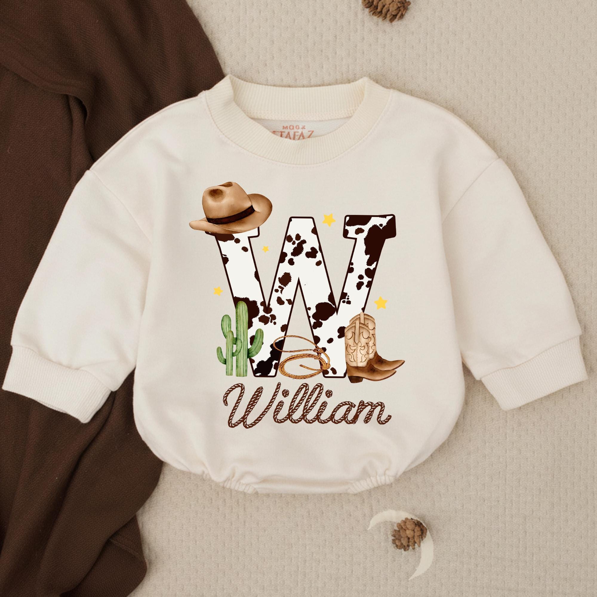 Western Cowboy Baby Romper with Cow Print Initial and Custom Name, Rodeo Outfit for Newborns, Rustic Baby Shower Gift Idea